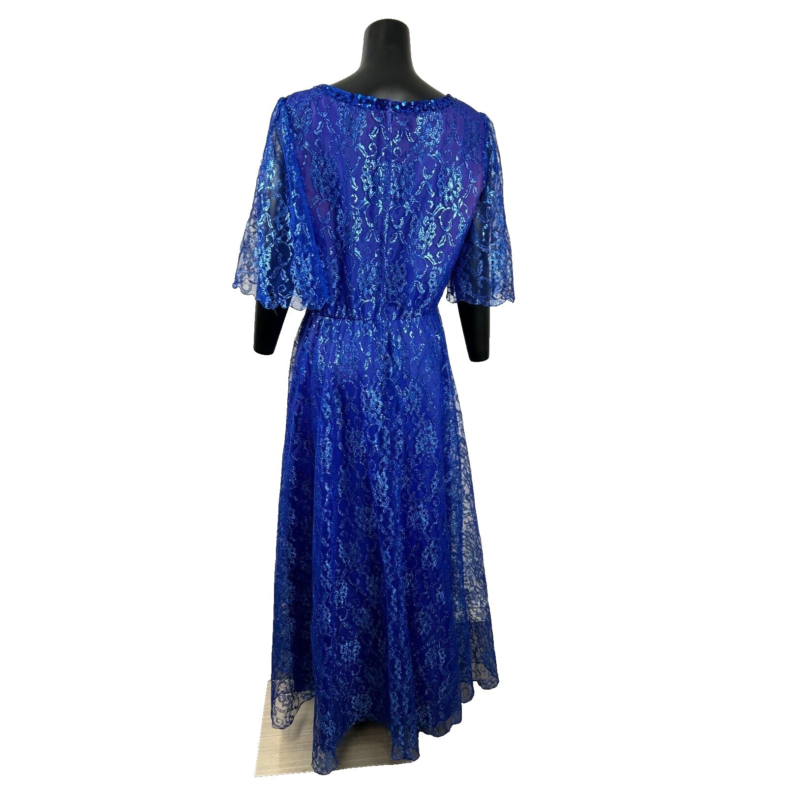 Mike Benet Formal Sequins Blue Lace Sheer V-Neck Evening Gown Dress Vtg 80s