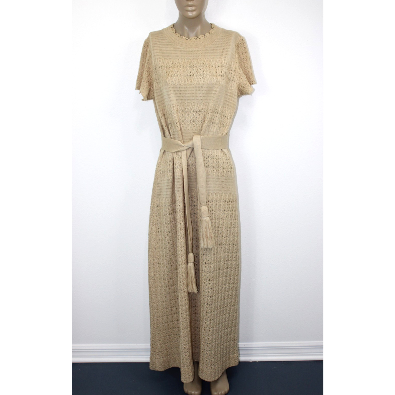 Vintage 60s 70s Caledonia Knit Crochet Bohemian Hippie Long Dress Size M/L