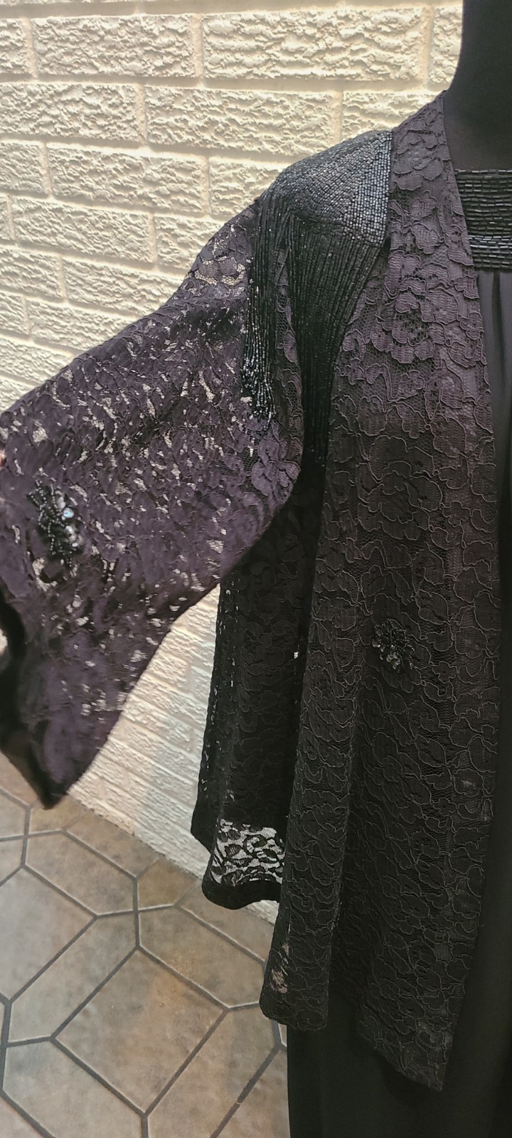 Chez California Vintage Black Lace Sequin Formal Jacket & Dress Set sz 24/54