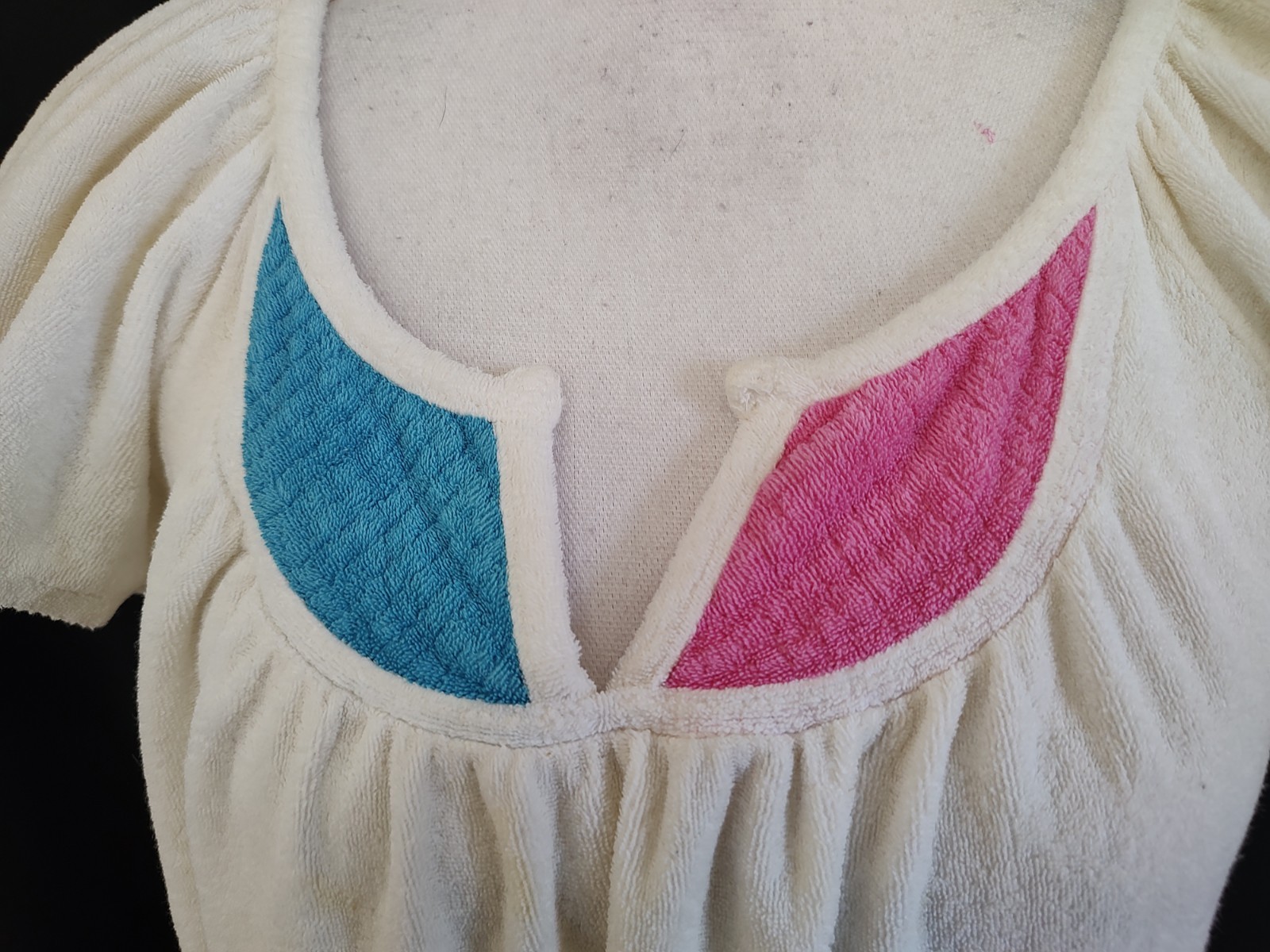 80’s Vintage House Dress Coverup Day Casual Style Terrycloth White Blue Pink S/M