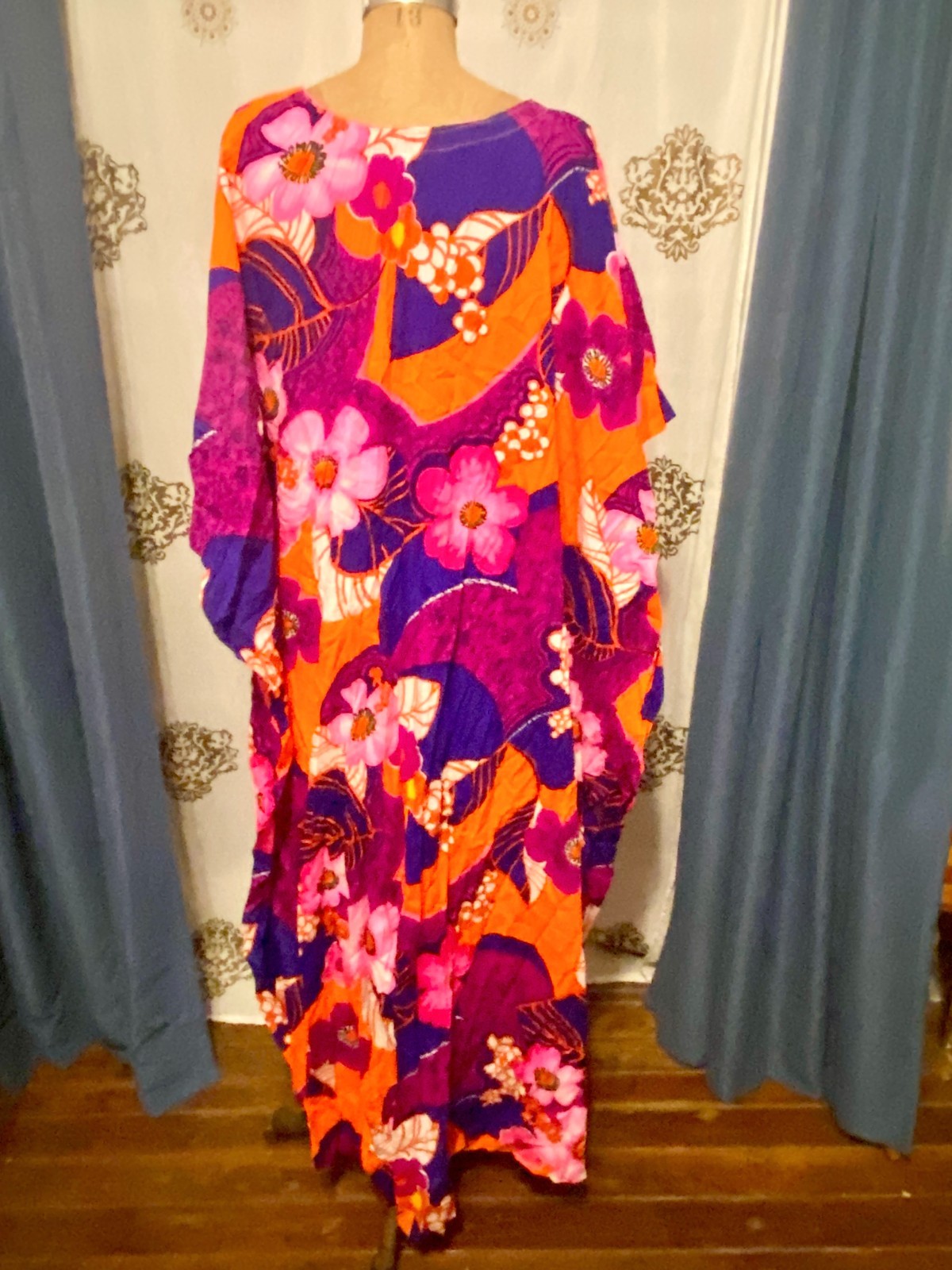Vintage McInerny Psychedelic OPEN SIDES Hawaiian Maxi Coverup Caftan Dress L