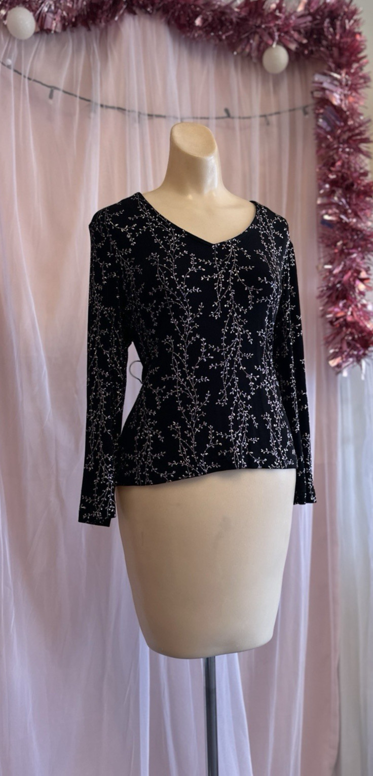 Vintage 90s Glitter Fairy Top Blouse Shirt Black Stretchy Whimsy Goth Grunge M/L