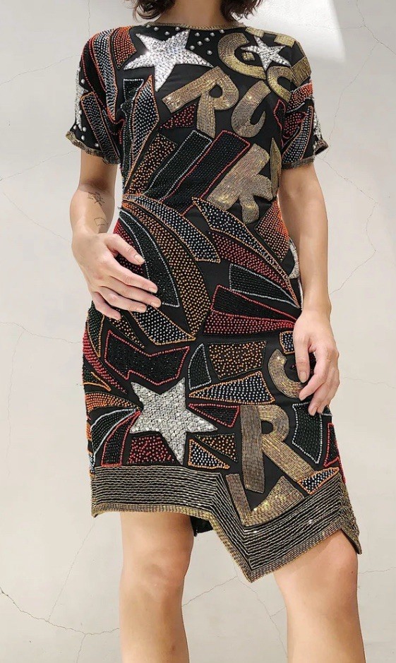 SWEELO Vintage Party/holiday Sequined Dress Sz S/M Pure Silk Handmade