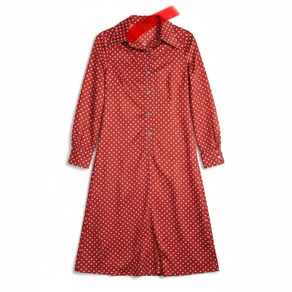 Vintage Sue Brett Red & White Polka Dot Dress M Pointed Collar Long Sleeve Retro