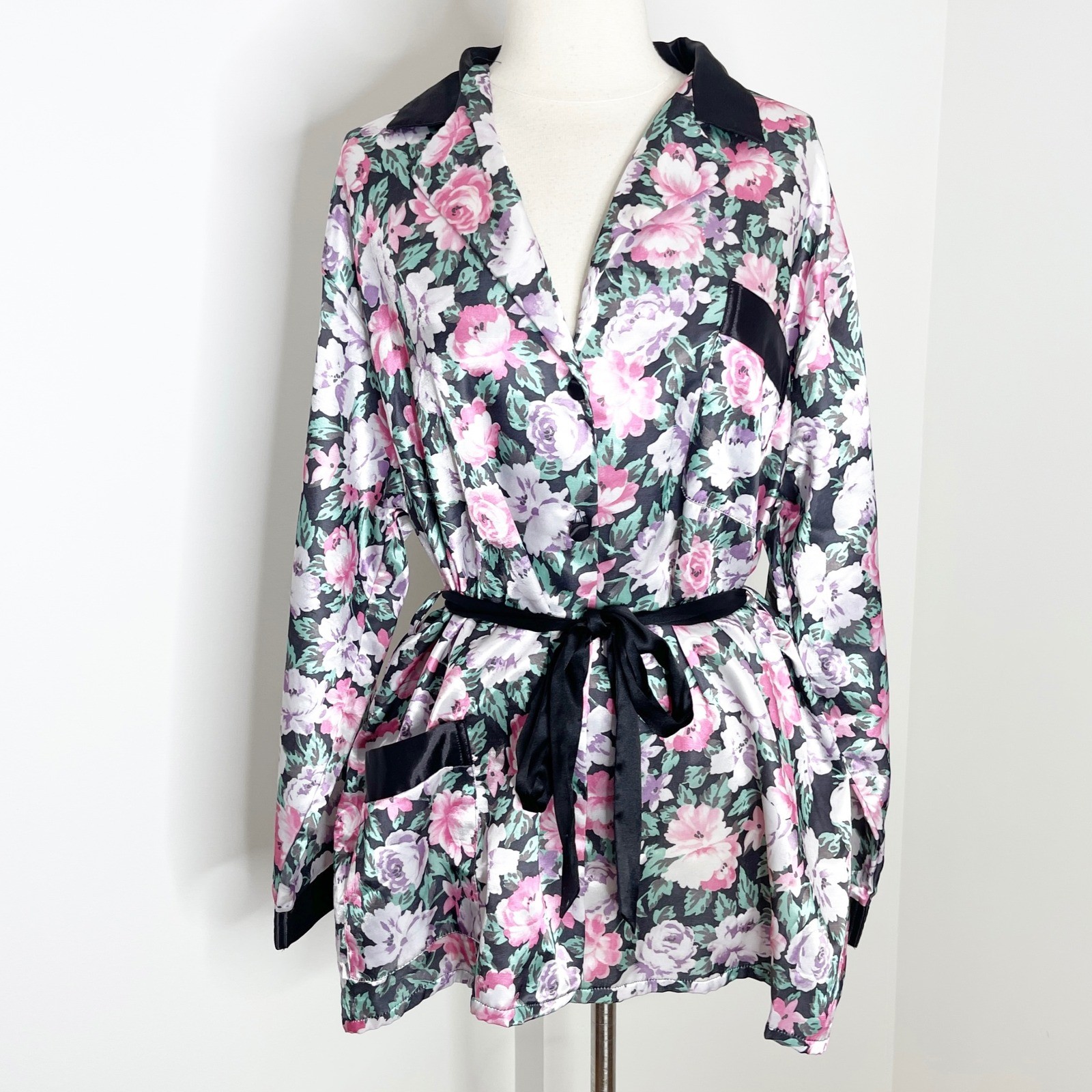 Vintage Chintz Floral Satin Robe Black Loungewear Coquette Cottagecore Large