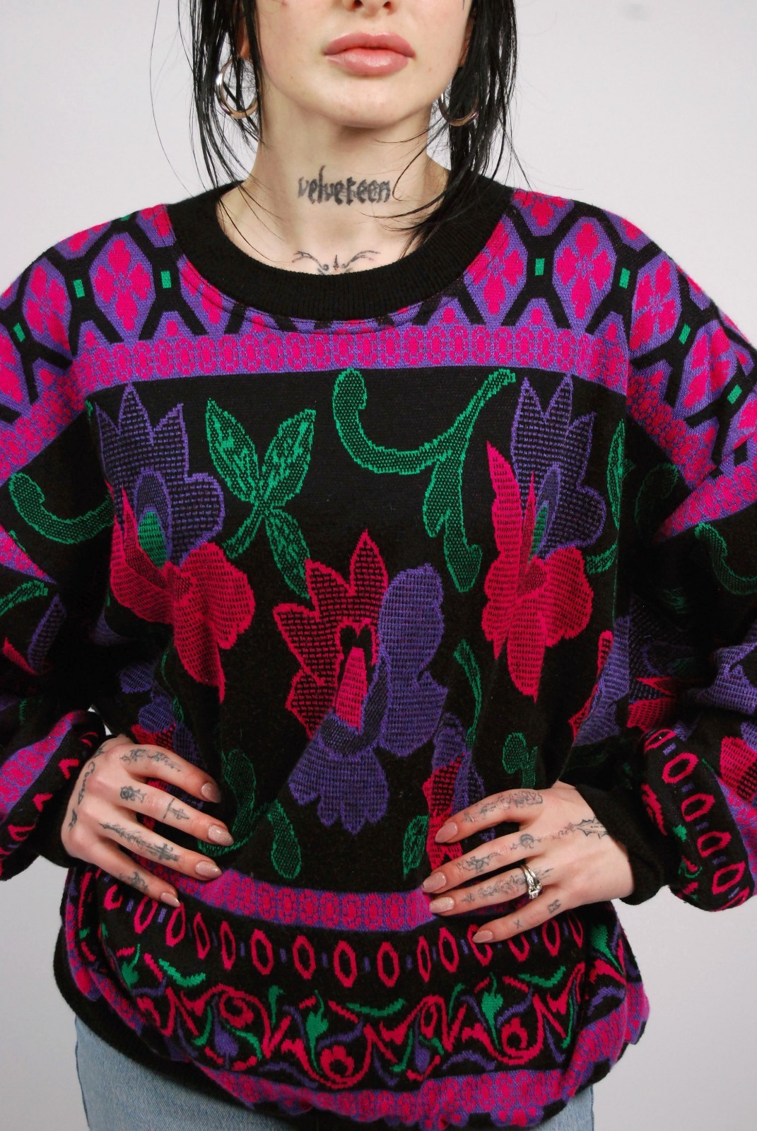 80s Neon Sweater (L) large black pink vintage womens graphic new wave indie cool