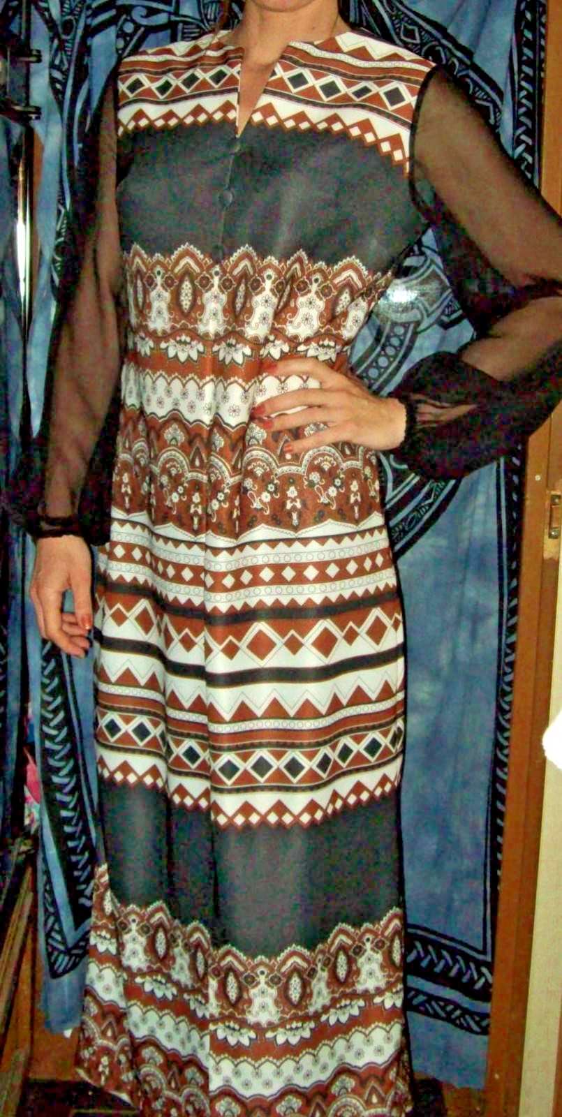 VINTAGE Hippie ALDENS FASHIONS Long Dress fits Med-Lrg 70’s sheer arms browns