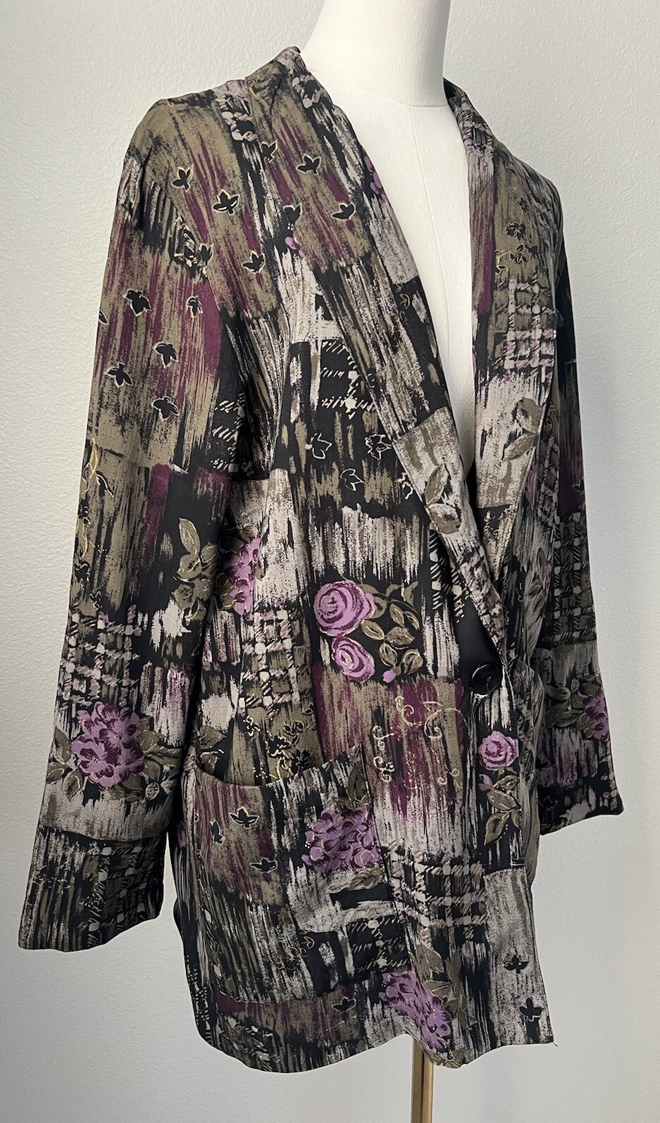 Vintage Kensington Square Lightweight Boho Floral Purple Long Blazer SZ L/XL