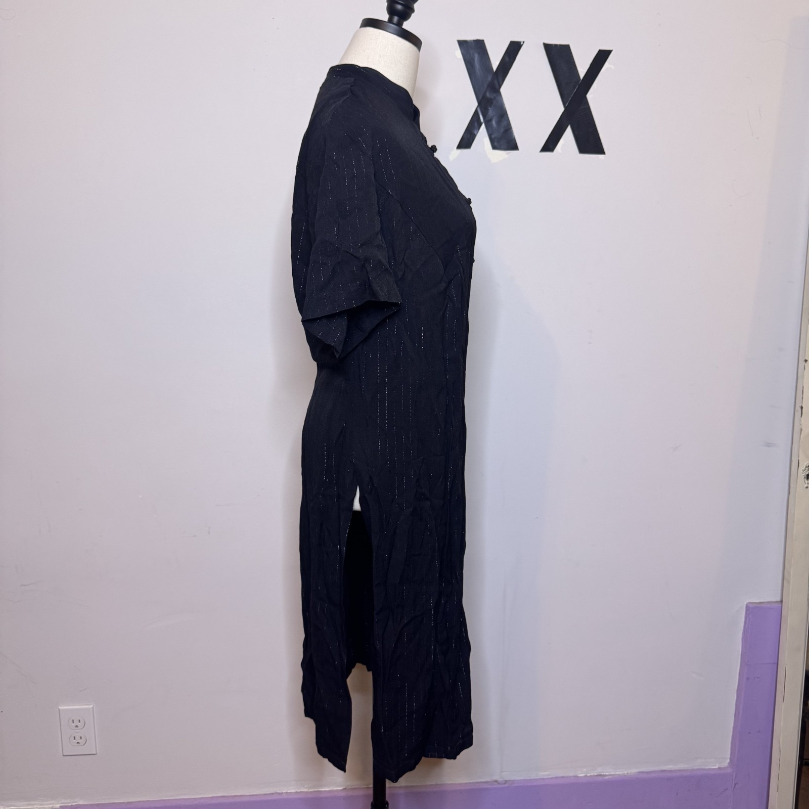 Vintage 80s 90s Black Pinstripe Mandarin Collar Frog Clasp Jacket Dress 18