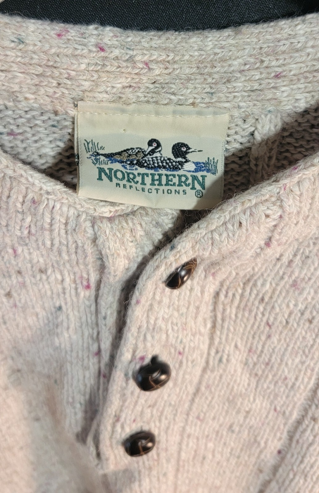 Vtg Northern Reflections Sweater Medium Cream Speckled Button Collar Earthy USA