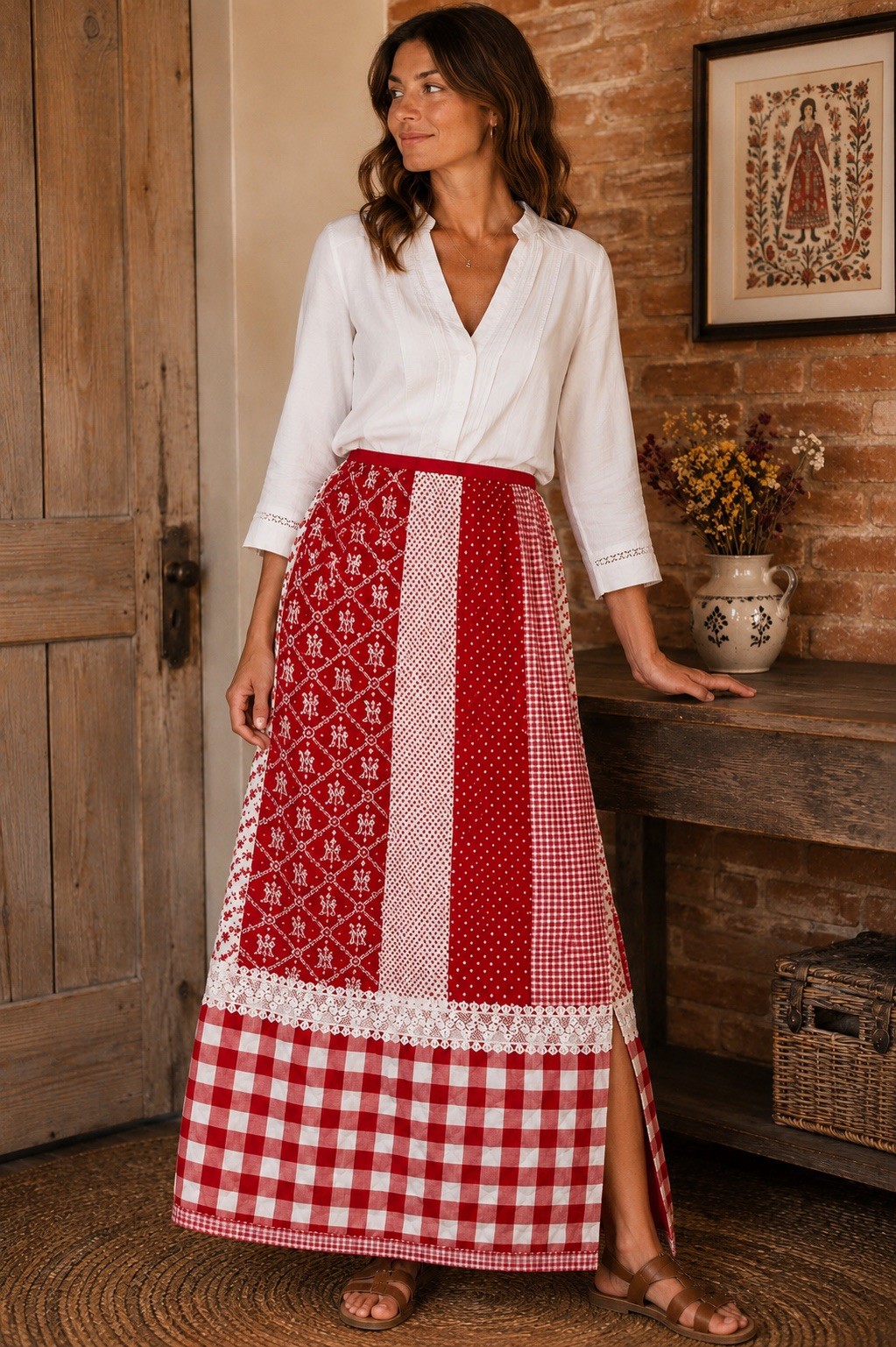 Darling Vintage Handmade Red White Folk Art Patchwork Quilted Skirt Maxi Sz XL