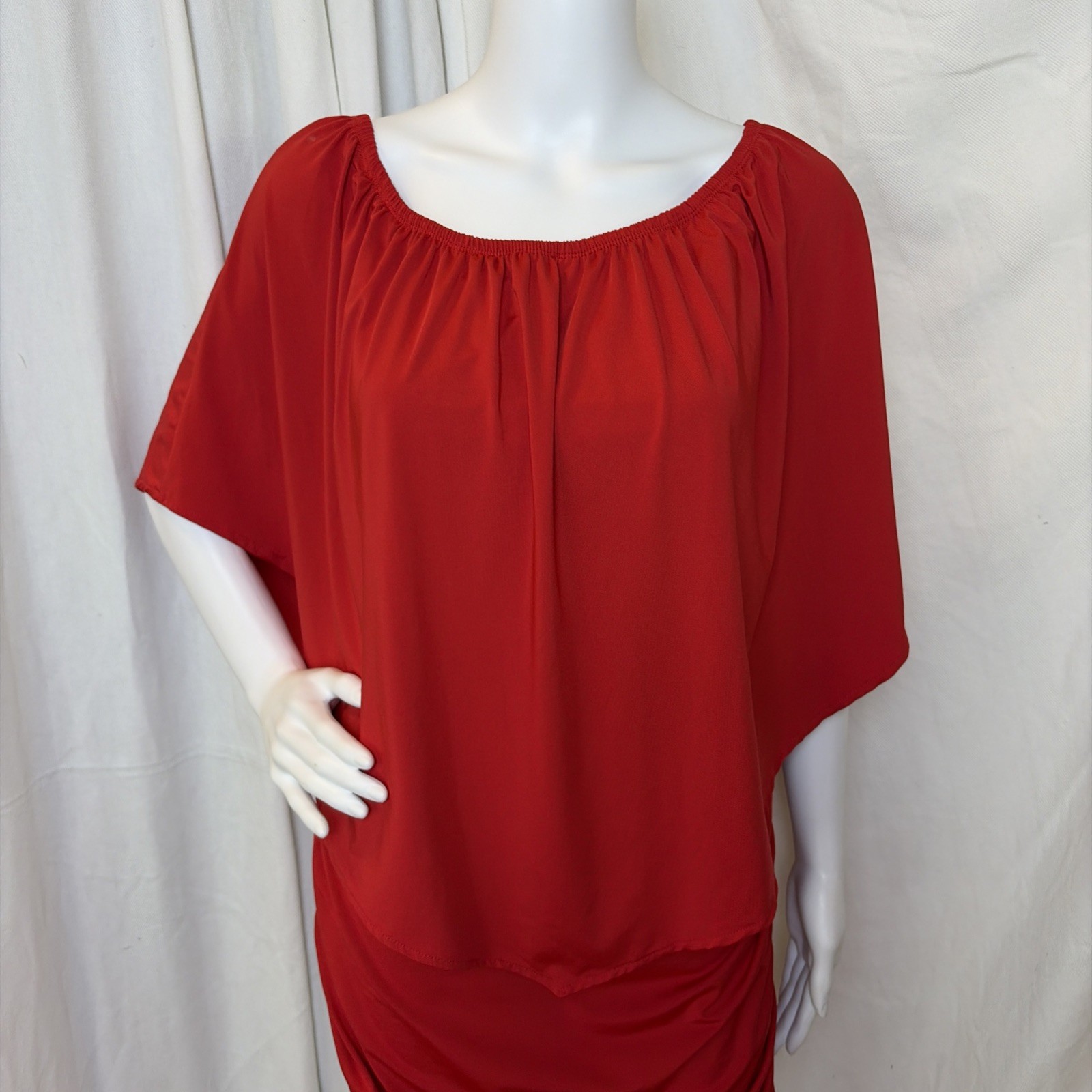 VTG 70s 80s Sexy Disco Party Clubwear Red Ruched Dolman Capelet Mini Dress S/M
