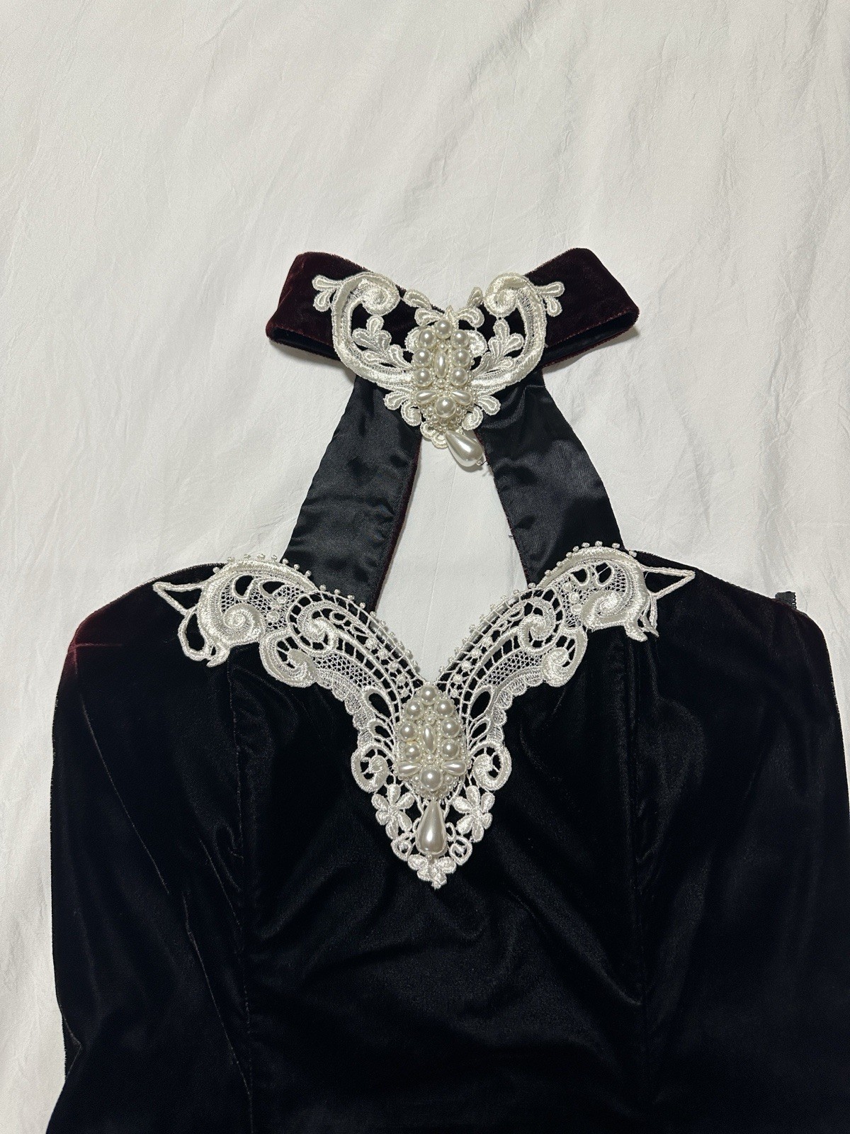 Vintage 90s Jessica McClintock Black Velvet Halter Dress Pearl Choker – 9/10