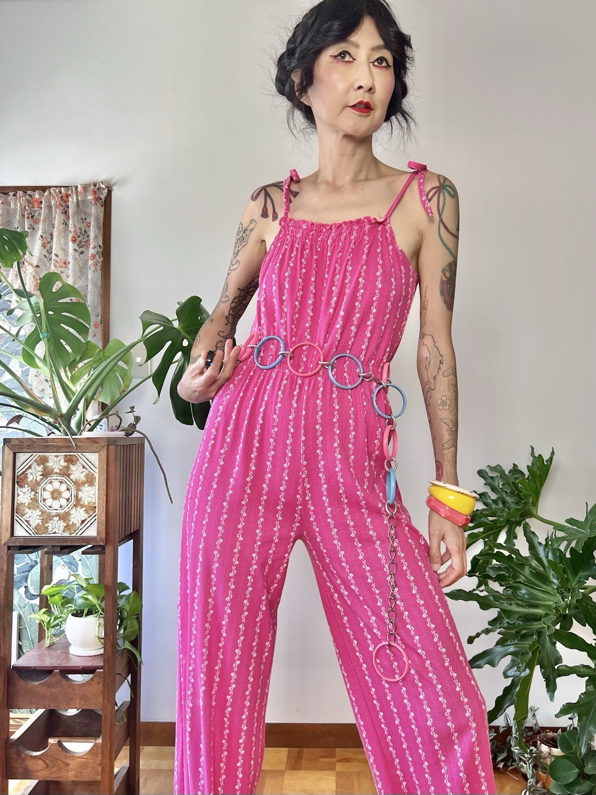 vintage 70s Hot Pink Disco Jumpsuit Floral Stripe Tie Strap Boho Stretch XS S M