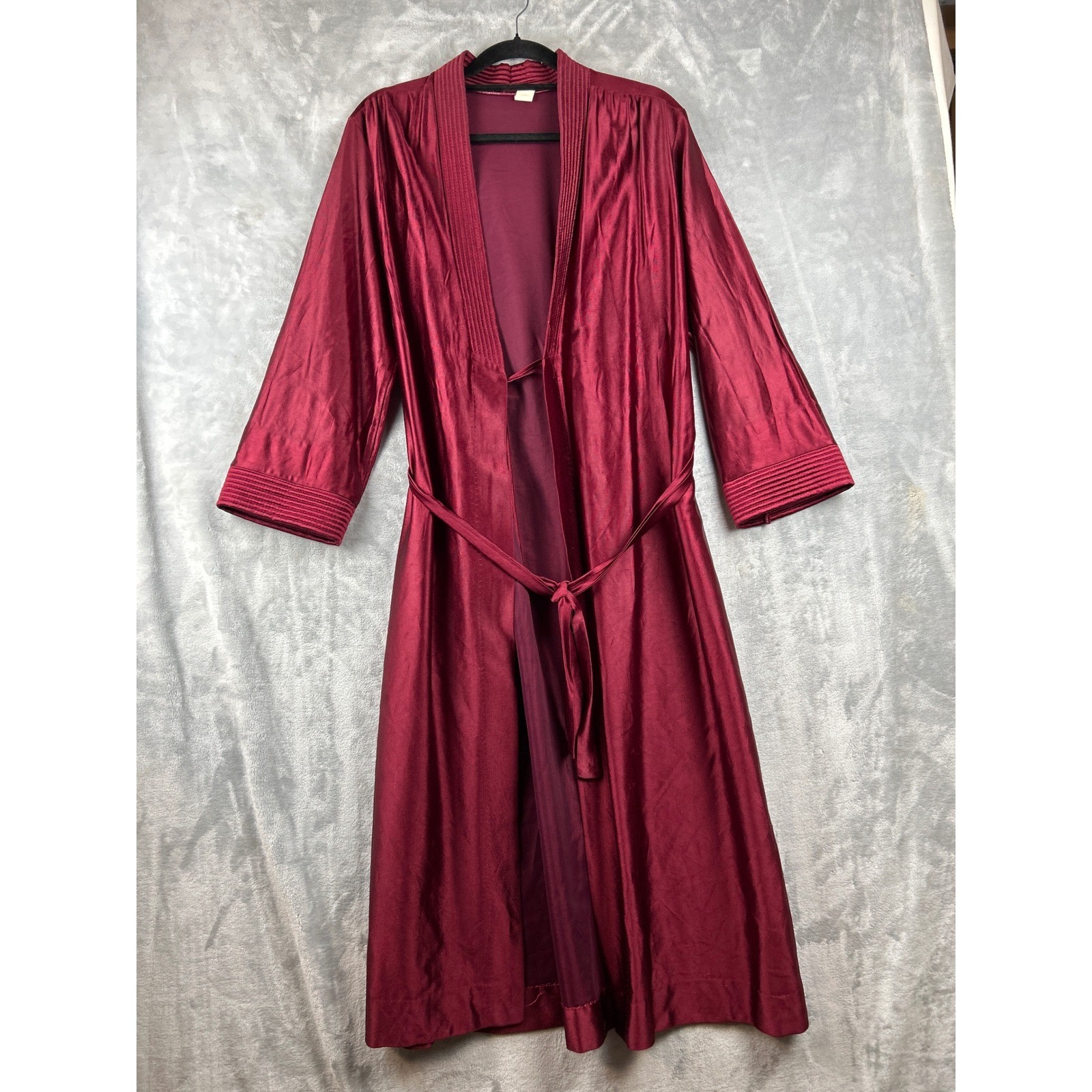 Vintage Burgundy Robe Satin Long Wrap Pleated Trim Wine Red Lingerie Small