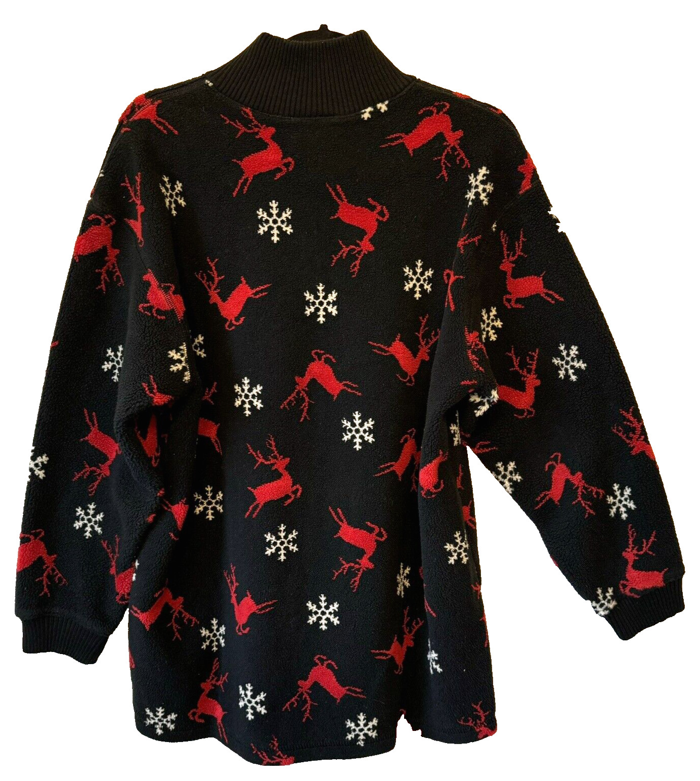 Talbots Fleece Top Medium 1/4 Zip Snowflakes Reindeer Warm Cozy Soft
