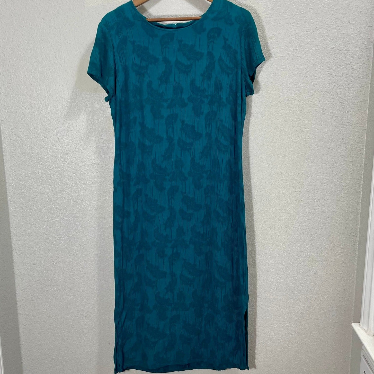 Vintage 1990s Molly Malloy Jacquard Sheath Rayon Midi Dress Teal Blue Size Large