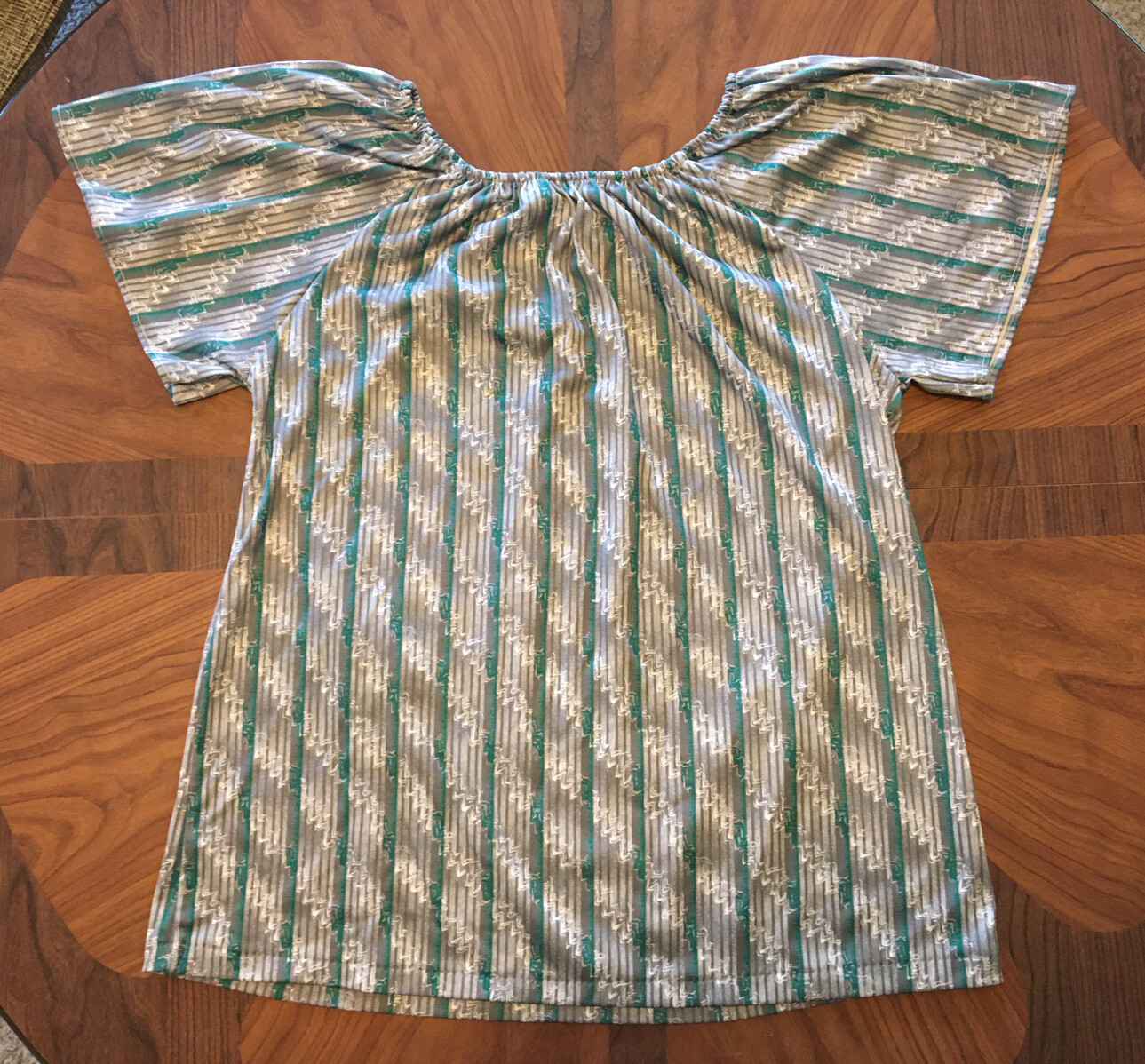 Vintage 1980s Shirt Retro Geometric Abstract Stripes Green Teal Silver Womens L