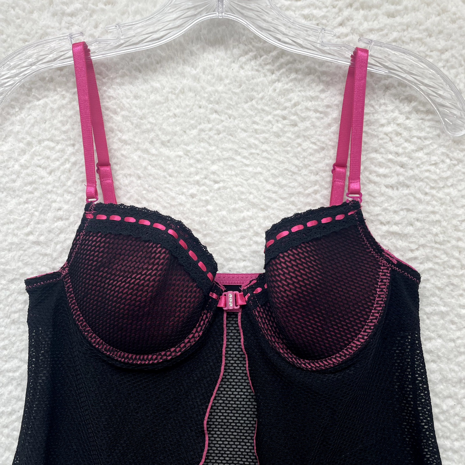 Y2K Vintage Hot Kiss Babydoll Slip Dress 34C Black Pink Net Mesh Front Clasp