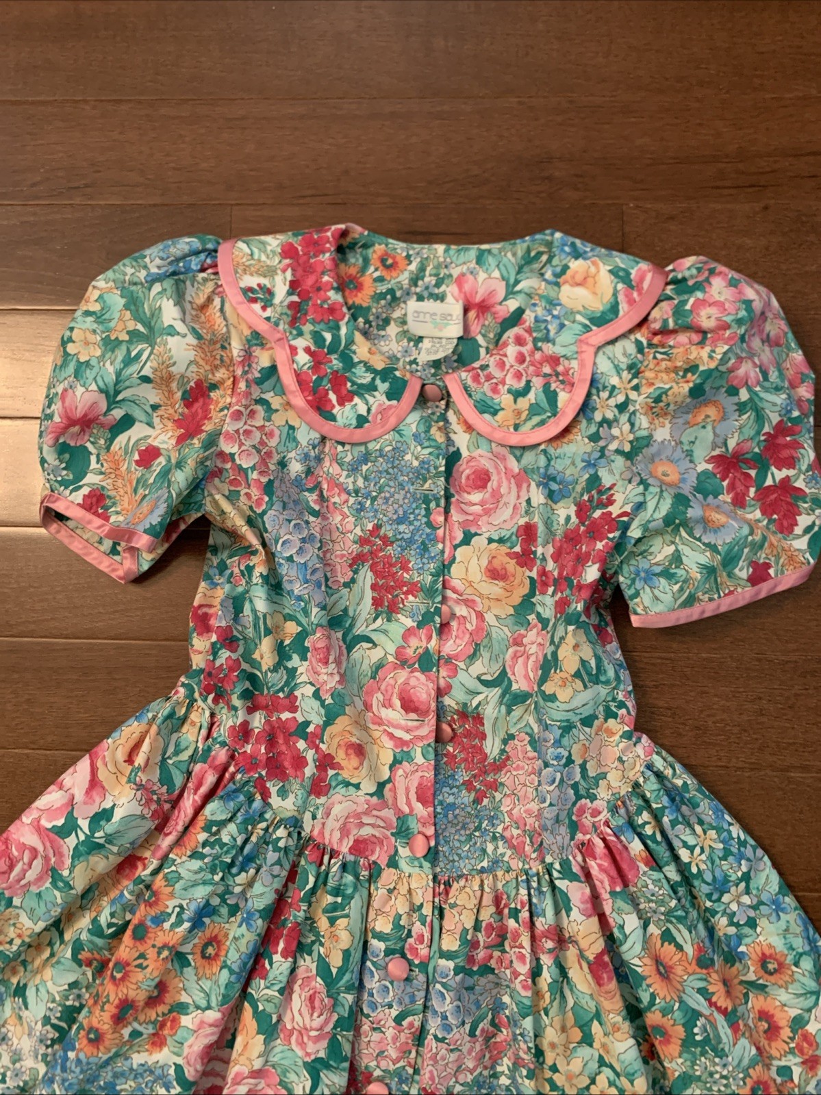 Vtg 80’s Cotton Floral Cottage Drop Waist Puff Slv Petticoat Dress Girls 12