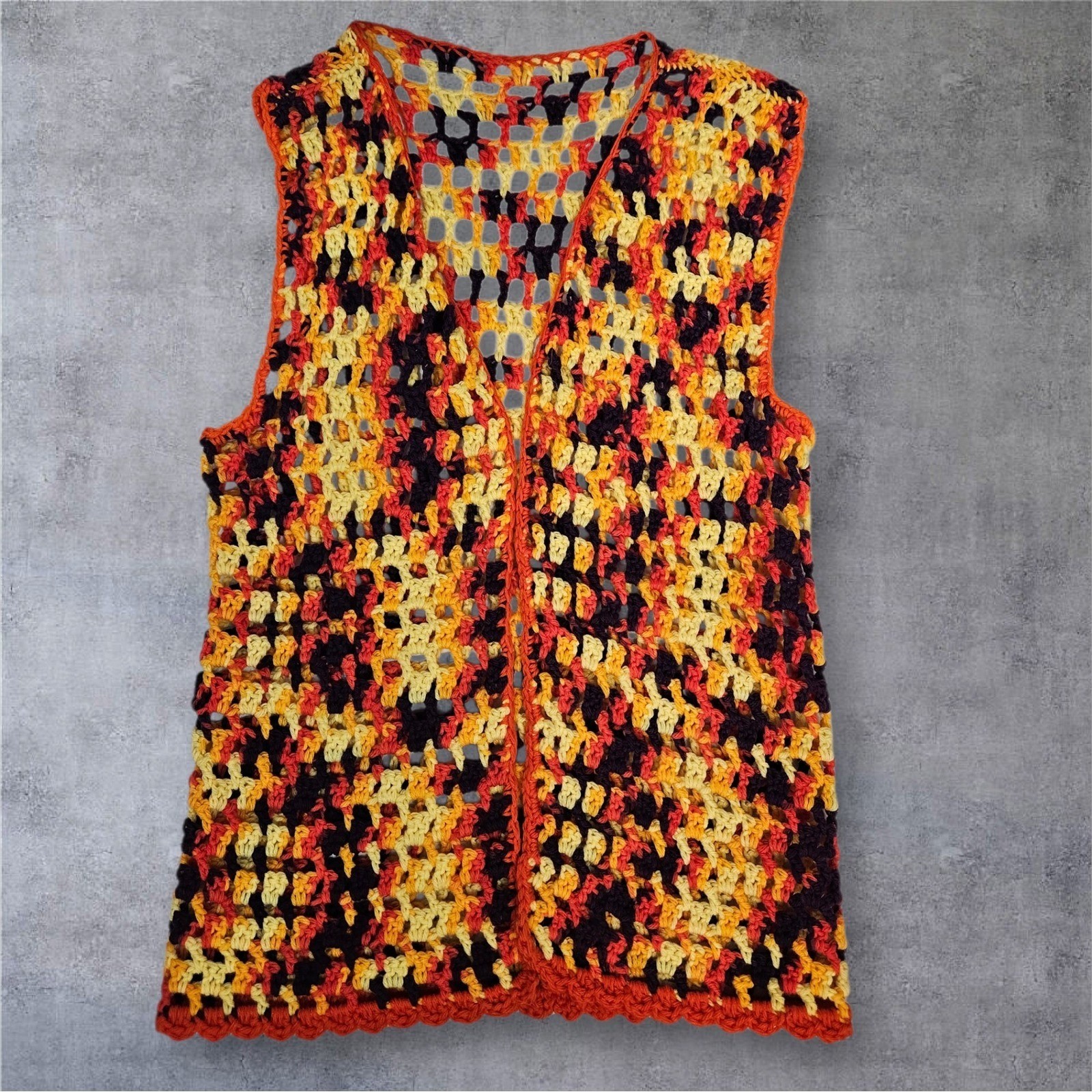 Vintage Handmade Crochet Vest Open Front Sleeveless Boho Patchwork Medium B20