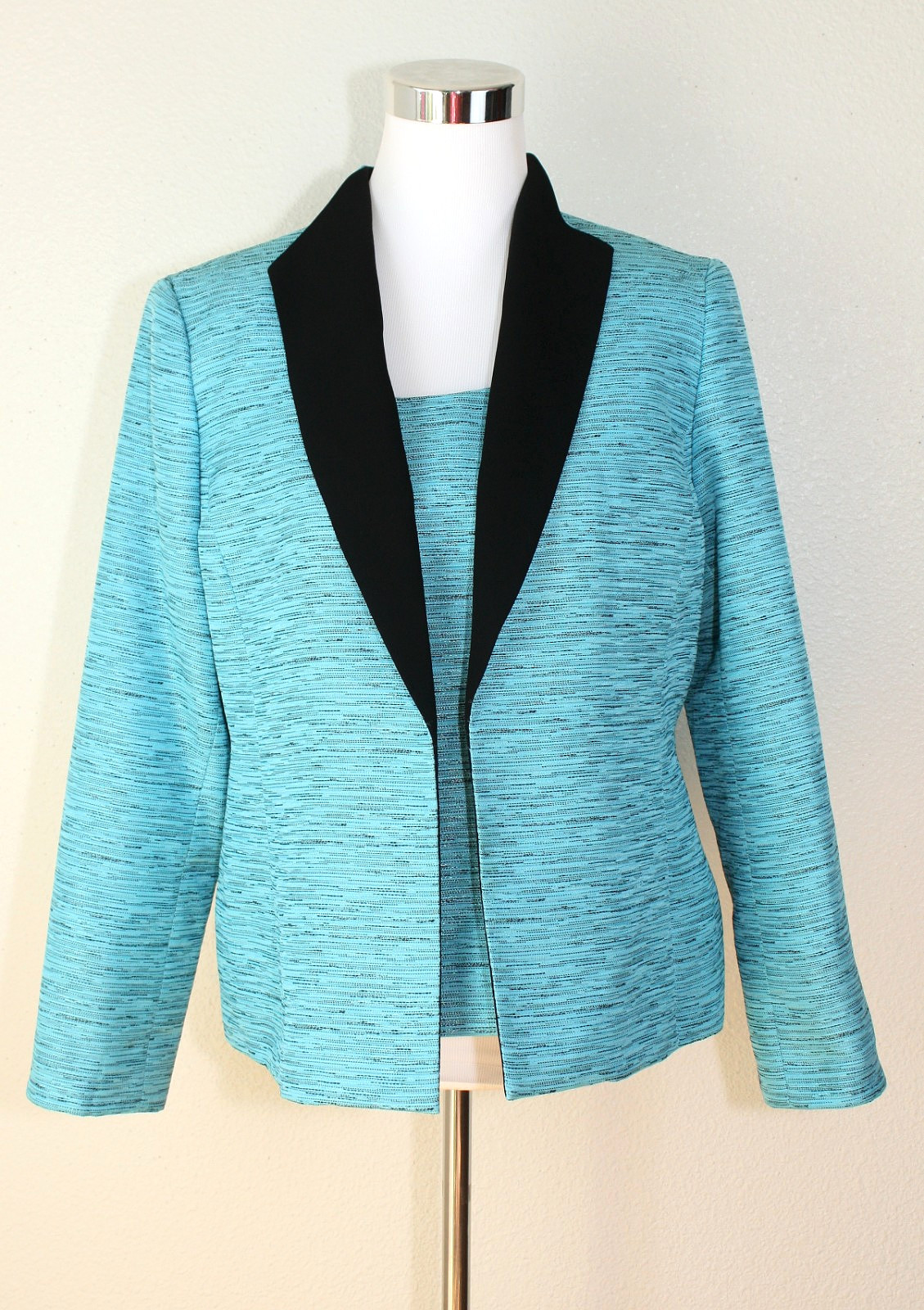 VTG Quiet Luxury Y2K KASPER Set Jacket & Sleeveless Top Sz 12P Turquoise Black *