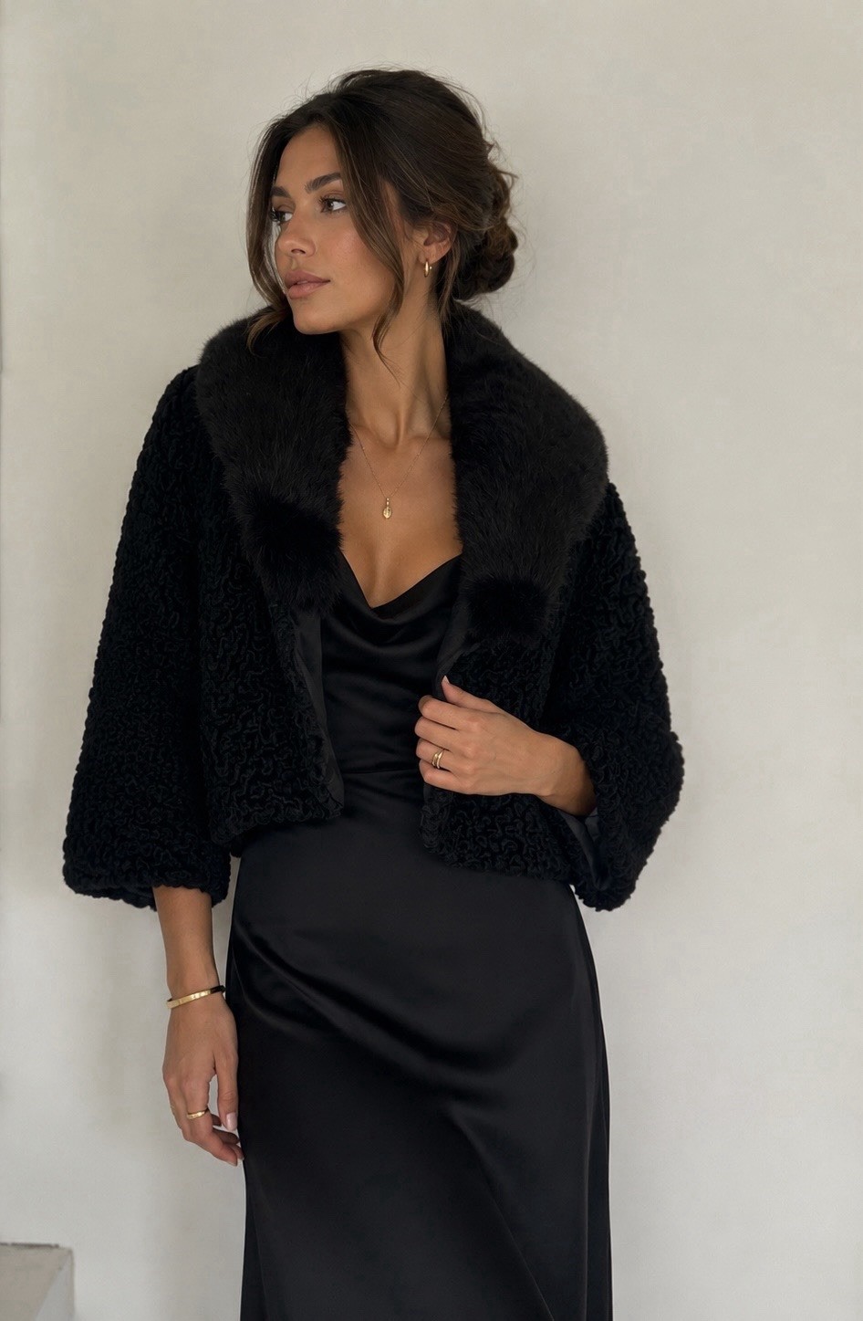 Vintage Black Persian Lamb Curly Wool Short Jacket Fur Collar 3/4 Sleeves