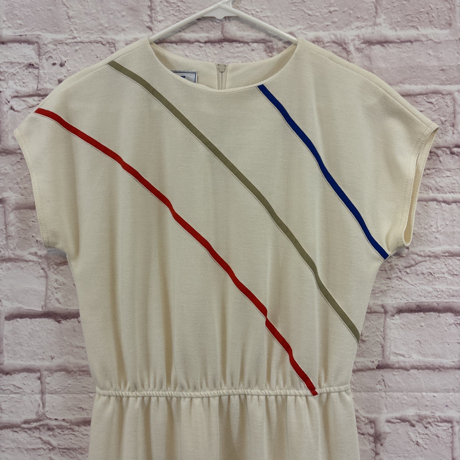 Vintage Dress Size 12 Leslie Fay Ivory w Stripes Zip Short Sleeve Blue Red Green