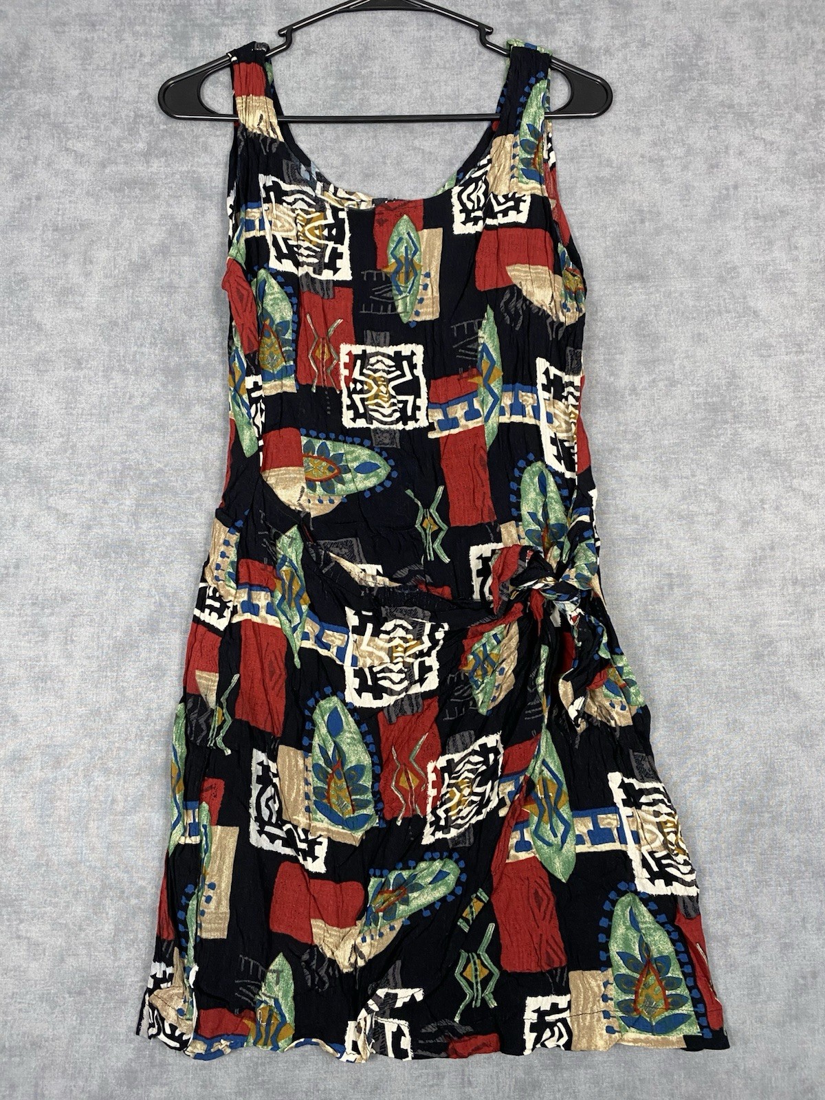 Vintage 90s Abstract Art Print Rayon Sleeveless Dress Made USA L