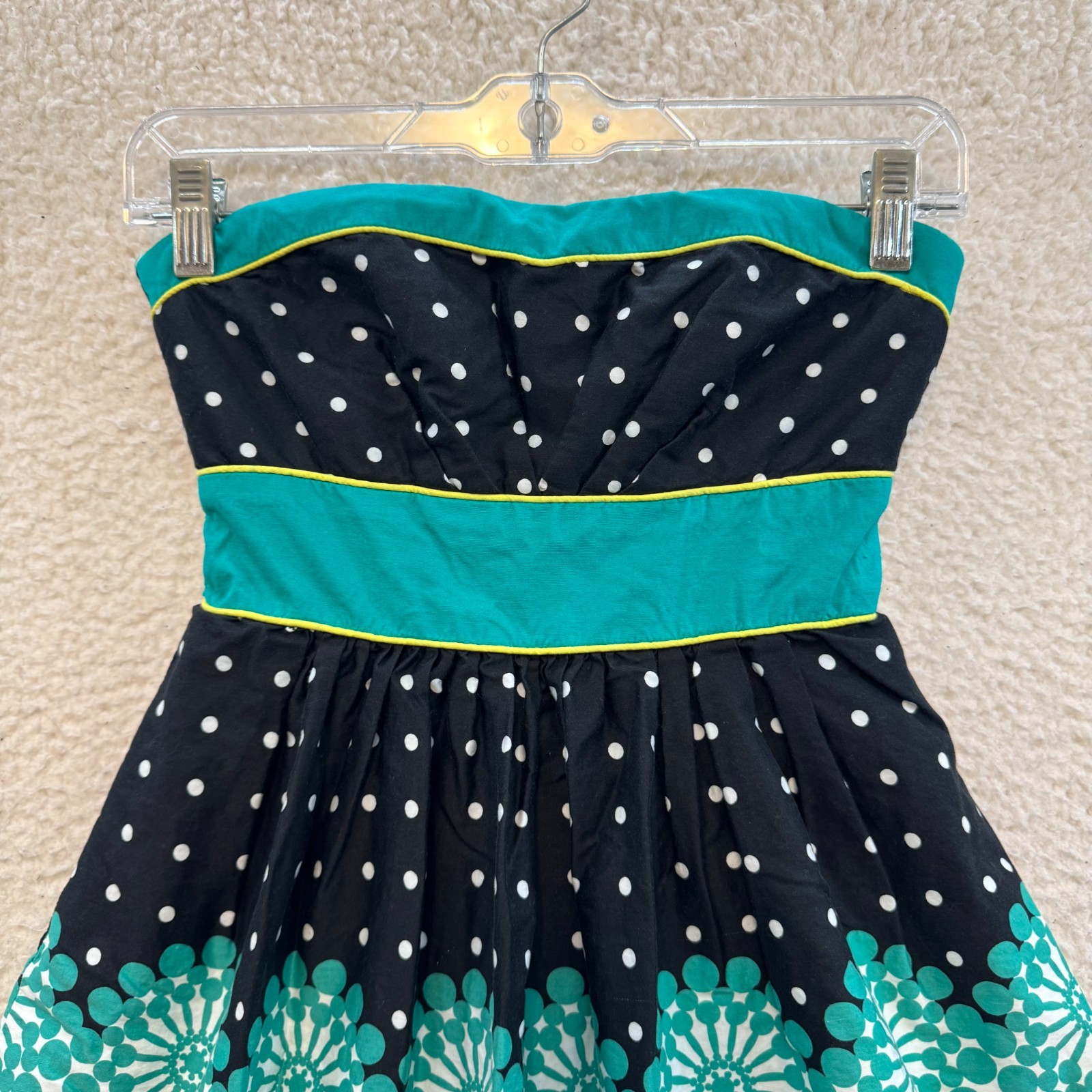 Y2K Vintage Strapless Mini Dress 0 XS Turquoise Blue Polka Dot Tulle A-Line