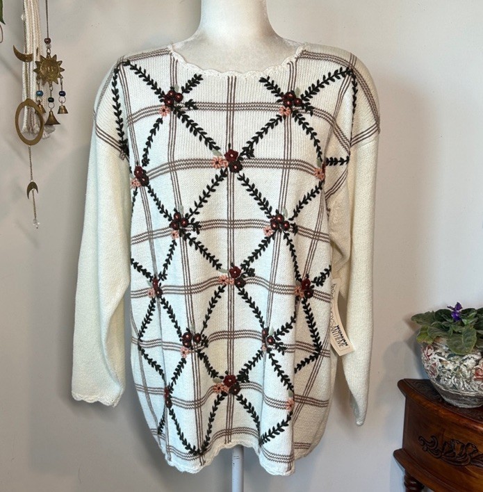 NWT Deadstock VintageChrysantheme Cream Floral SoftSweater Size Large 10 / 12