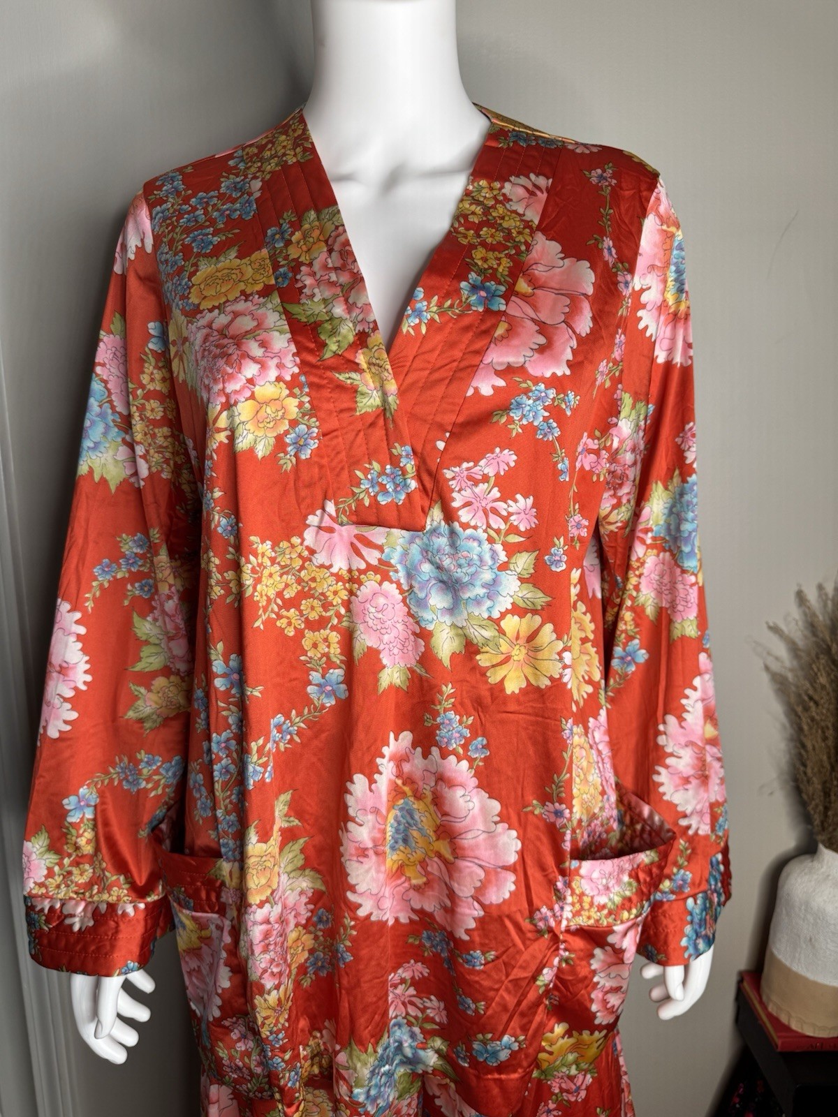 1960S Vintage Vanity, Fair Red Floral Pants, Pajamas Set Boho Chic Two Piece Set