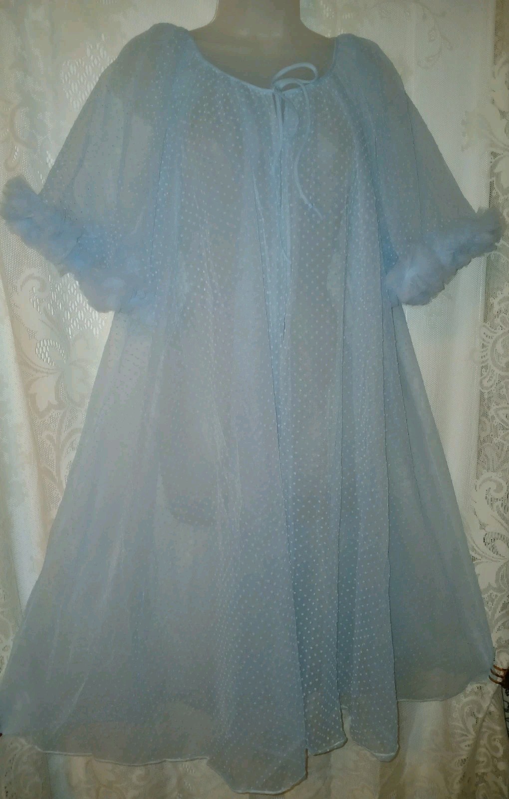 Vintage 50s Lisette Blue Flocked Swiss Dot Sheer Nylon Ruffled Peignoir Robe EUC
