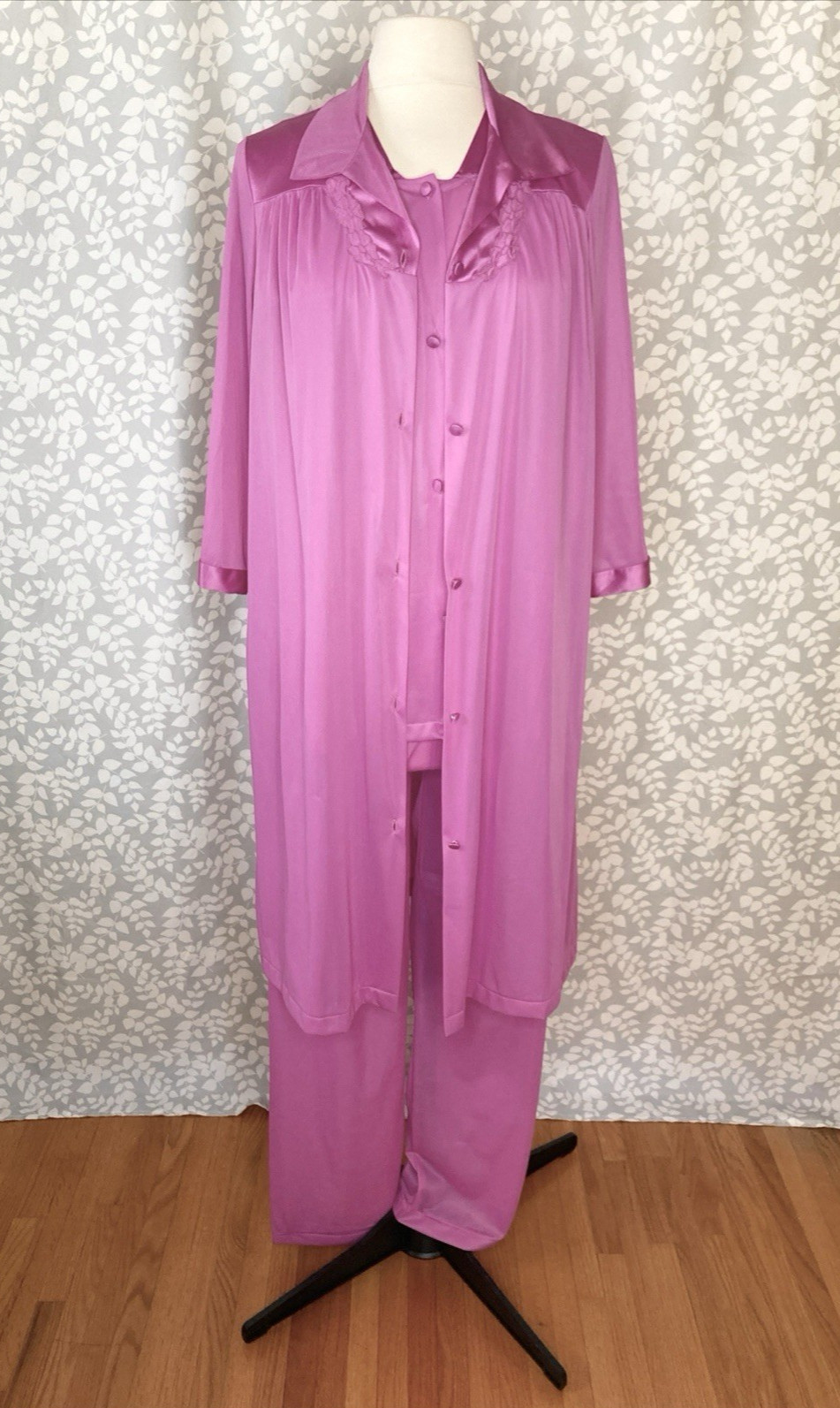 Vintage Vanity Fair 3 Pc Dark Pink Short Sleeve Pajama Set w/Robe, Size S