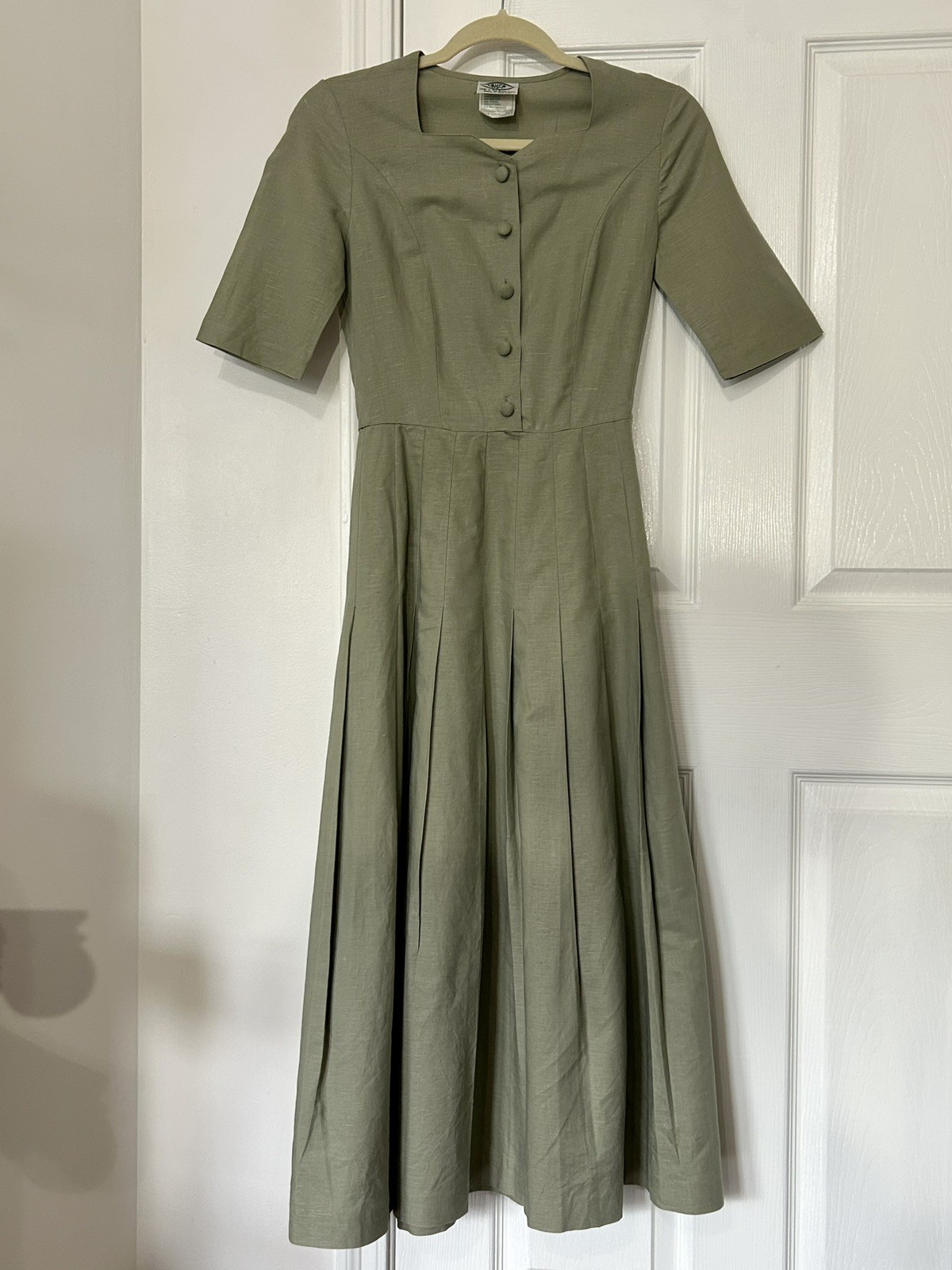 Vintage Laura Ashley Sage Green Linen Cotton Blend Pleated Dress
