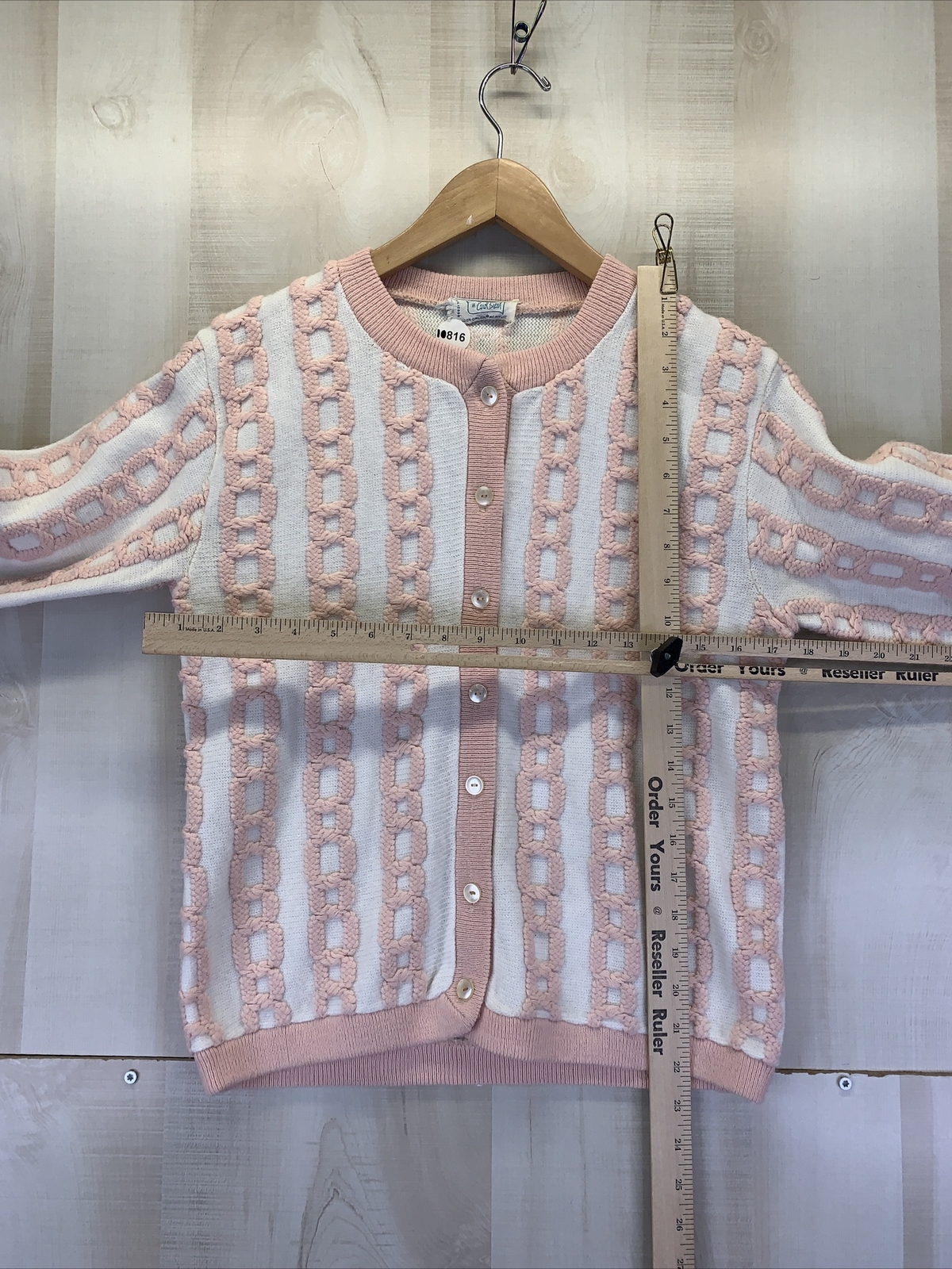 Vintage 1950-60s Carol Brent Pink/White 3/4 Sleeve Knit Womens Cardigan-10816