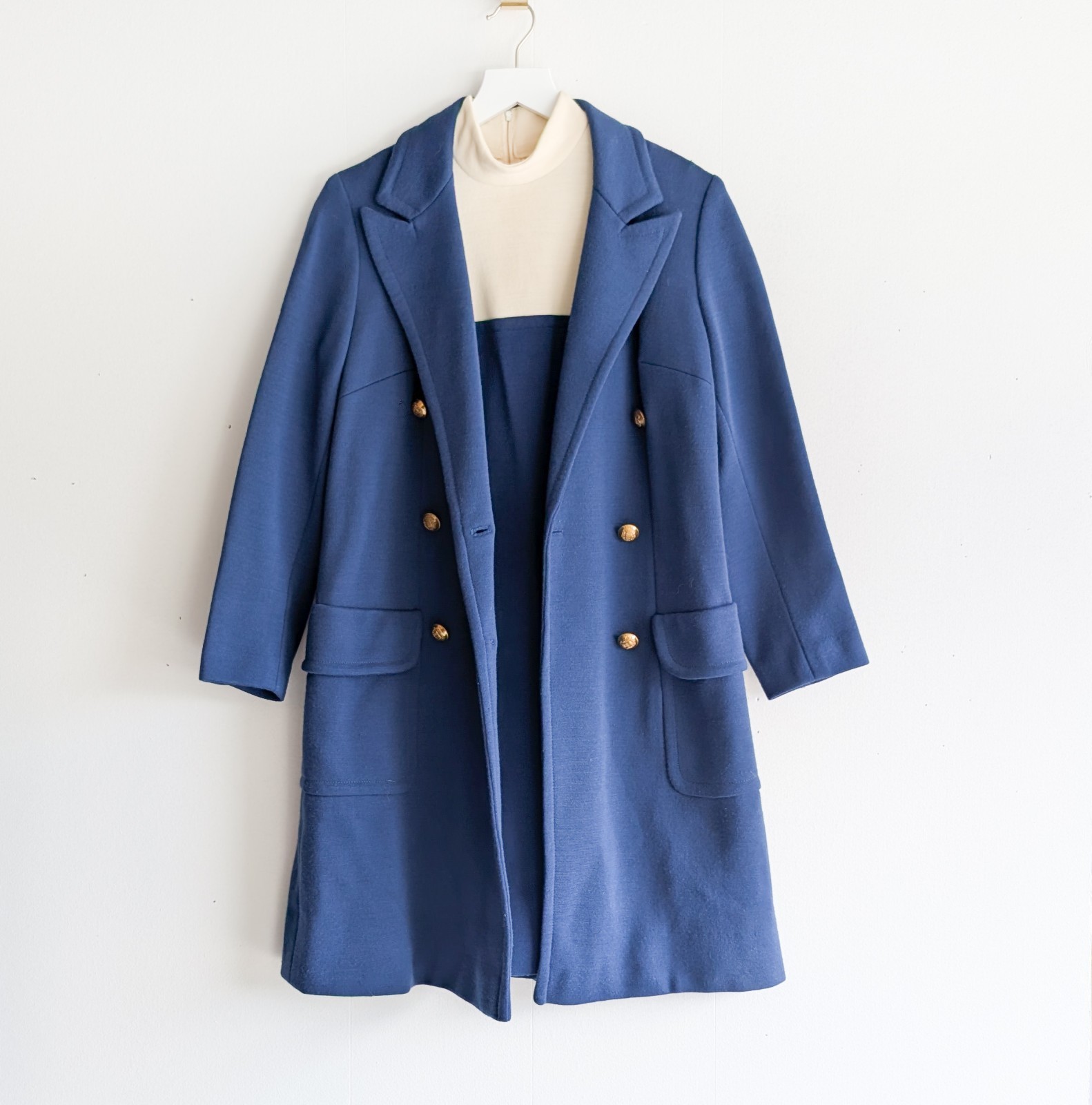 Vintage 1960s Peck & Peck Blue & White Wool Double Breast Pea Coat Dress Set Med