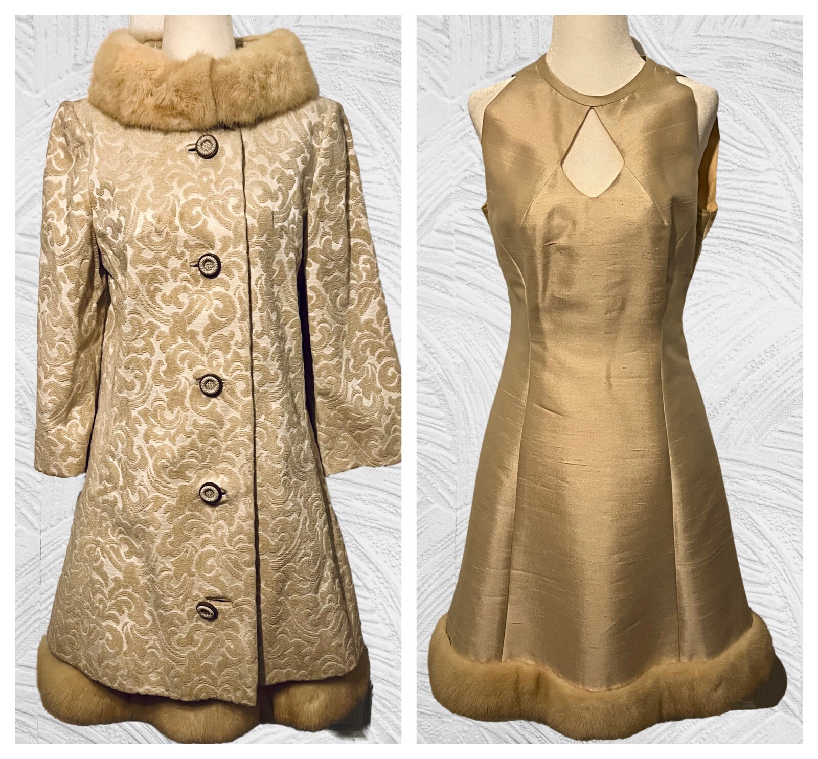 Vintage 1960s Lilli Ann Ivory Carpet/Tapestry Coat & Dress Set Fur Trim 2 PC S