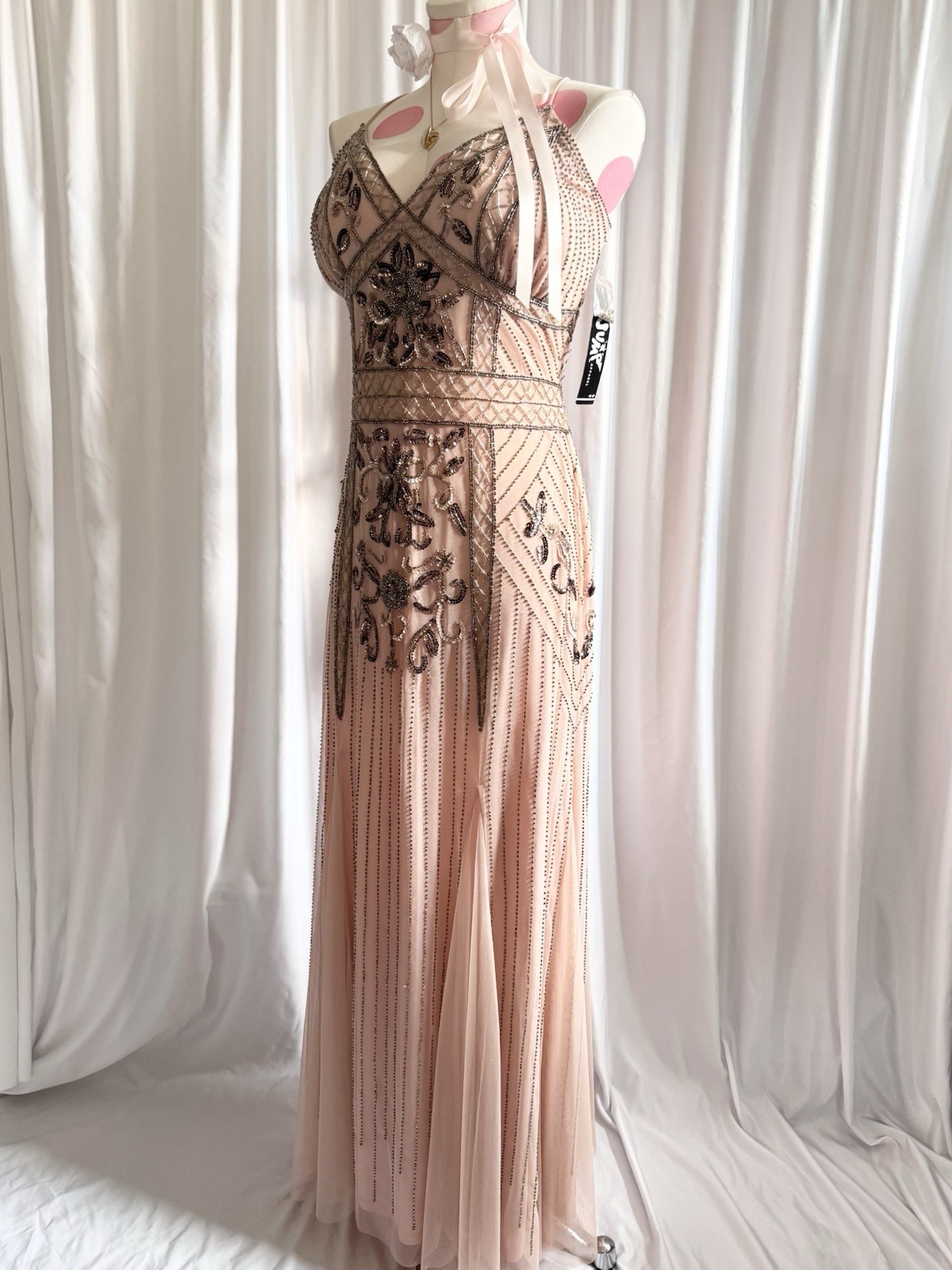 Vintage Pink Silver Fairy Beaded Sequin Ruffle Princess Formal Gown Dress 15/16