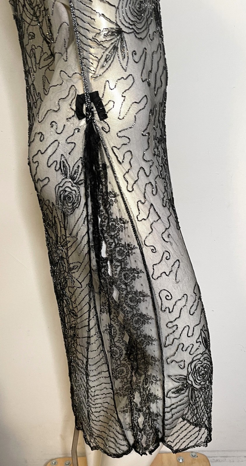 Antique 30s Art Deco Black Lace Sheer Beaded Dress S XS Floral Holes