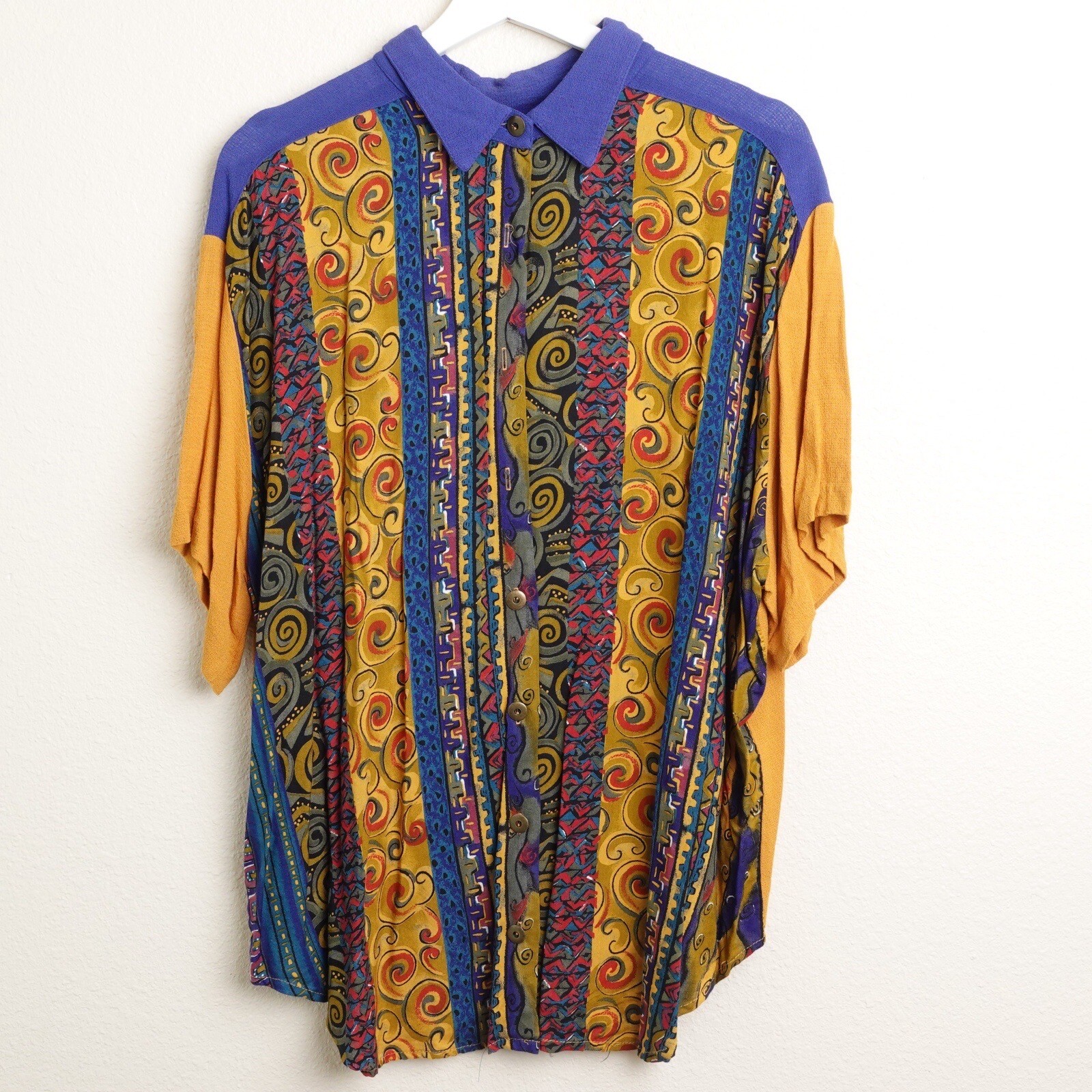 Vintage 80s Art All Over Print Shirt Rayon Sharon Anthony Womens XL 20 USA