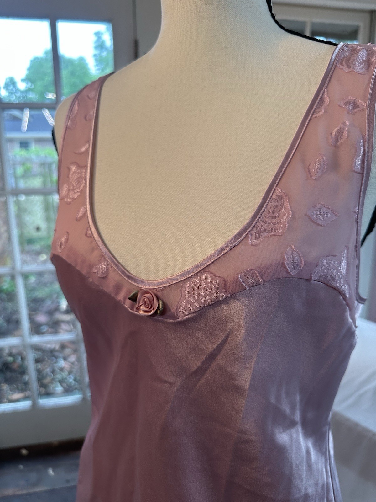 Vintage 90s Pink Silky Nightgown Sheer Rose Straps Nightie Intimates PJ Sz Small