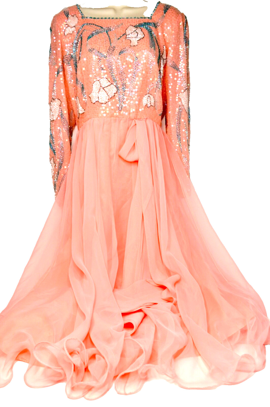 Romantic Vtg Jack Bryan Peach Chiffon Gown Sequins and Beads Long Sleeve Sz 10
