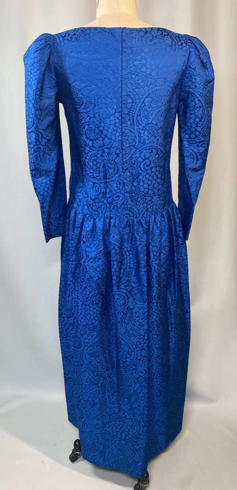 Vintage Dress SIZE LARGE blue Thai silk jacquard long sleeve 80s 90s handmade