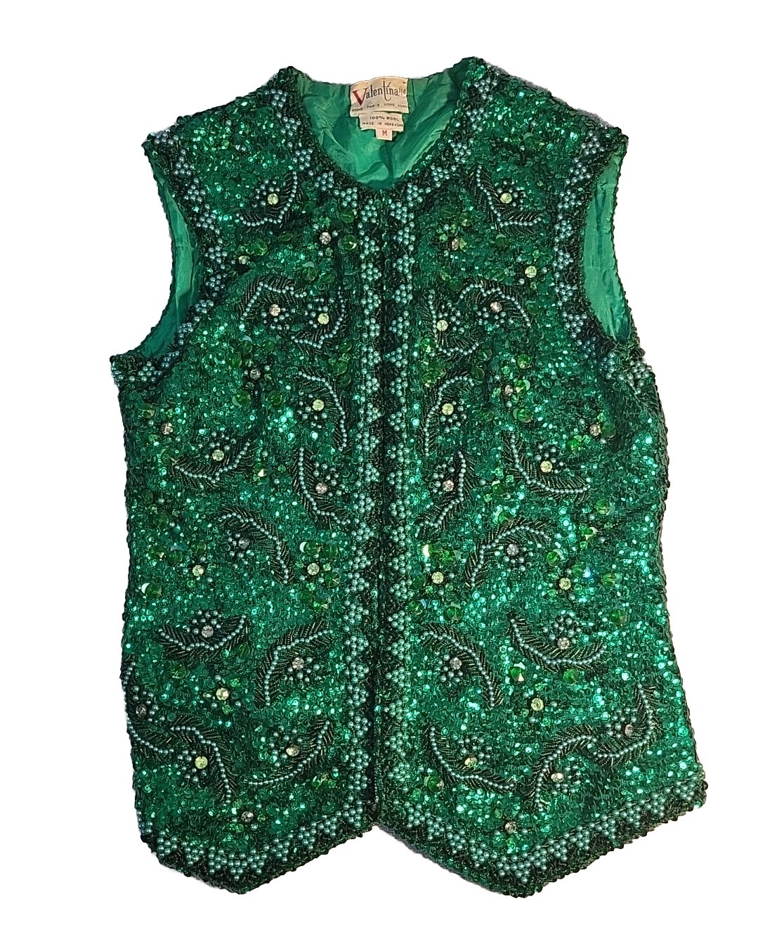 Vtg VALENTINA Ladies Wool Beaded & Sequined Butterfly Couture Vest M Green