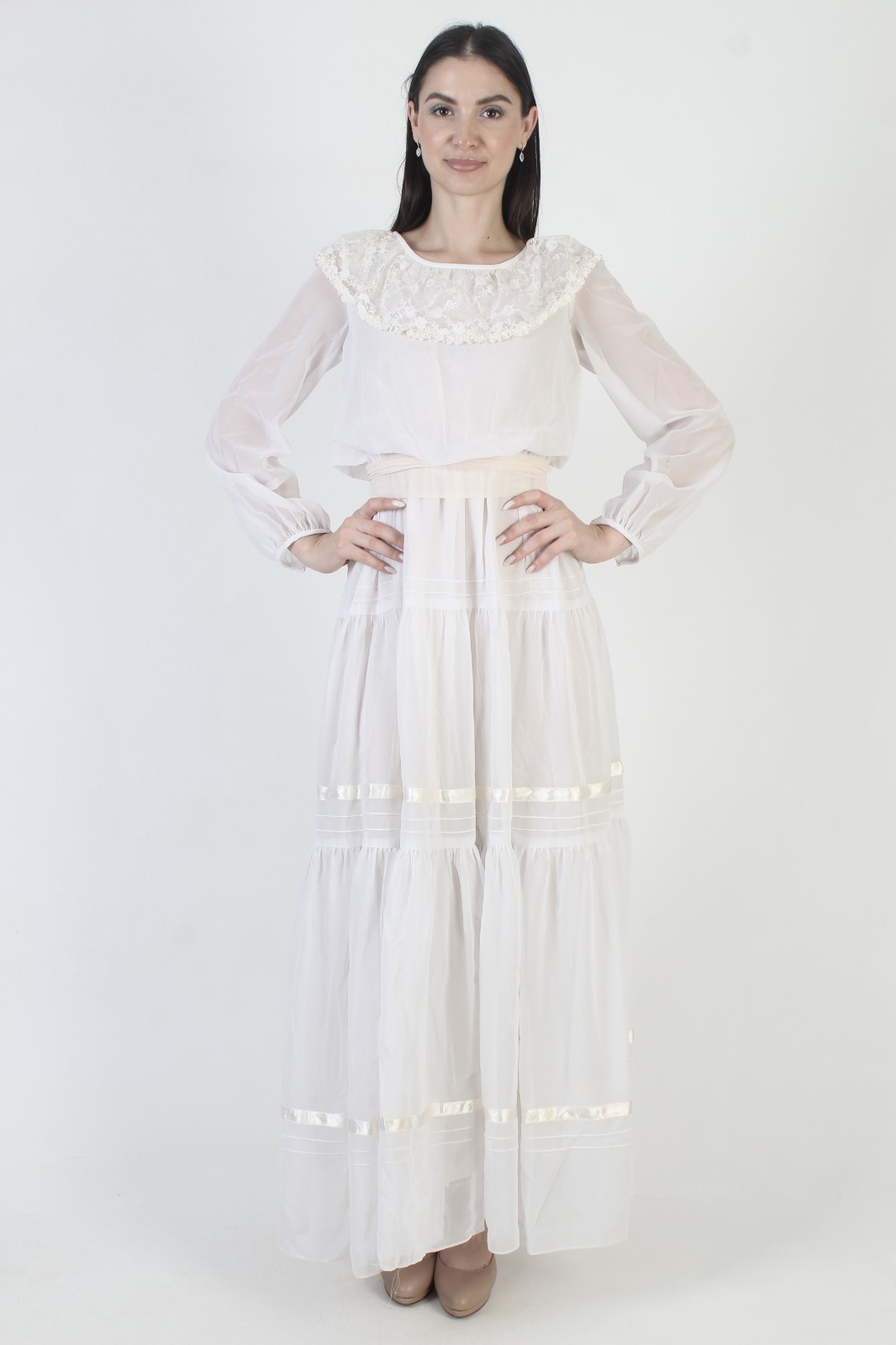 Vtg 70s White Victorian Dress Sheer Lace Boho Prairie Monochrome Wedding Gown