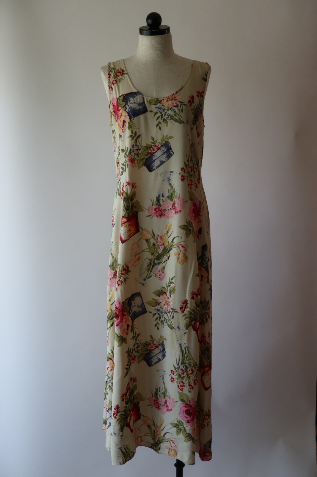 90s Vintage Pastel Garden Plants Pots Sleeveless Long Maxi Sundress Women S M