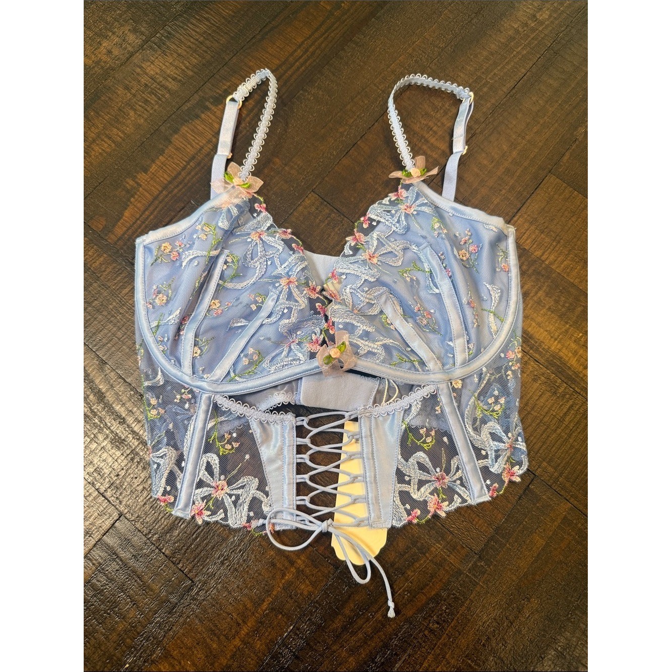 For Love & Lemons Belle Bow Bustier Blue Floral Lace-Up NWT