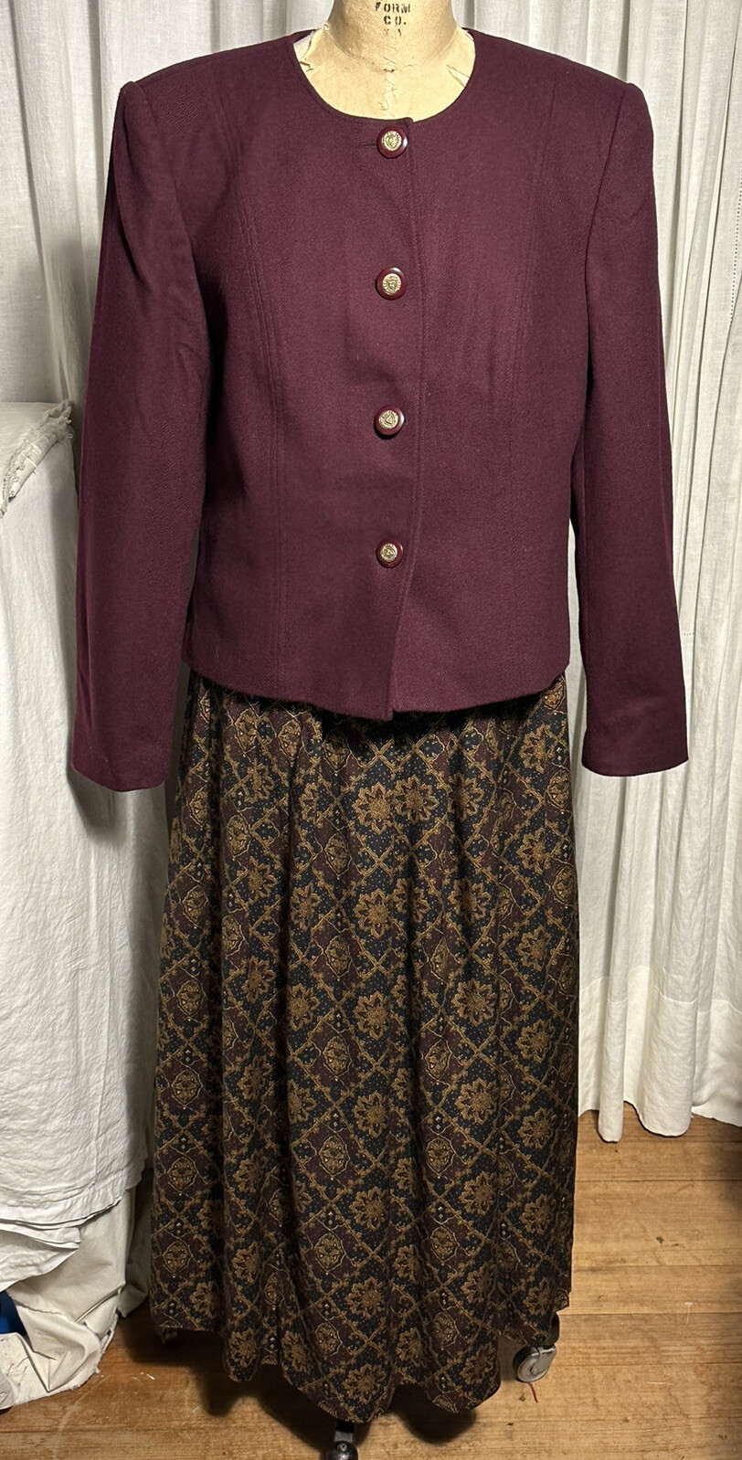Worthington Womens 2-Pc Burgundy Wool Jacket /Challis Midi Skirt Sz 14 pre-owned