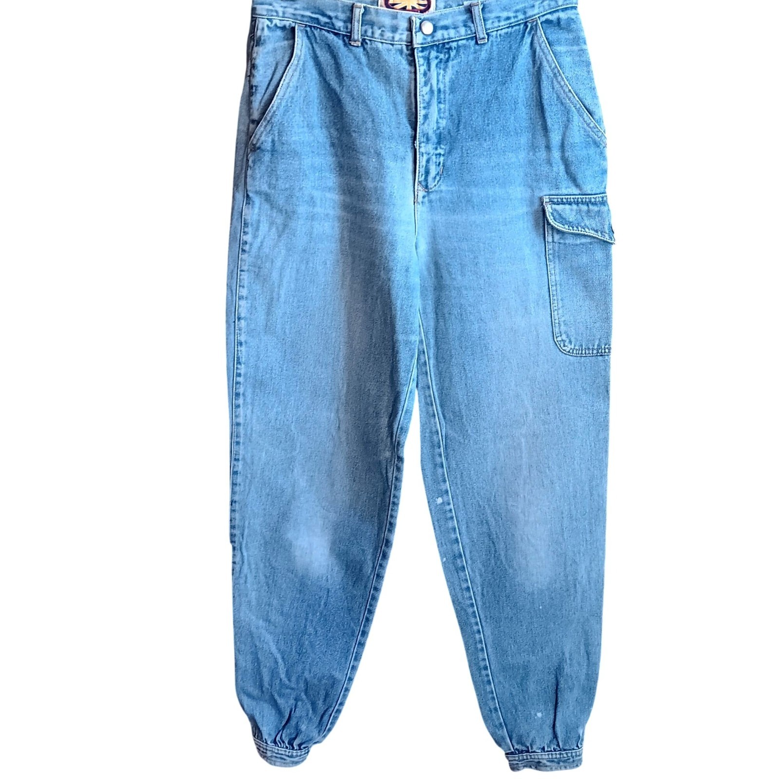 True Vintage 80s Cargo Jeans 11 29×32 Snap Cuffs Distress Pentimento Brittania